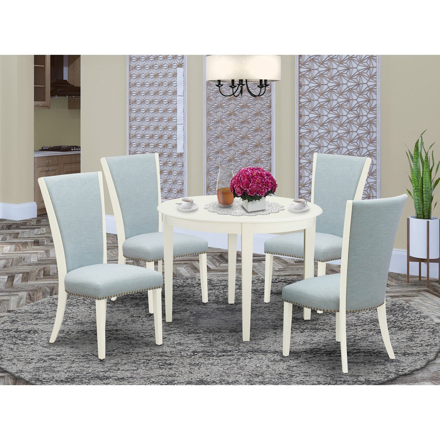 EAST WEST FURNITURE - BOVE5-WHI-15 - 5 Pc Modern Dining Table Set - 4 Baby Blue Linen Fabric Mid Century Dining Chairs with High Back and 1 Modern Dining Table - linen white Finish