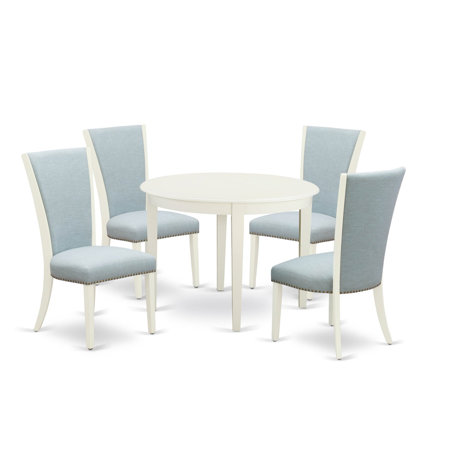 EAST WEST FURNITURE - BOVE5-WHI-15 - 5 Pc Modern Dining Table Set - 4 Baby Blue Linen Fabric Mid Century Dining Chairs with High Back and 1 Modern Dining Table - linen white Finish