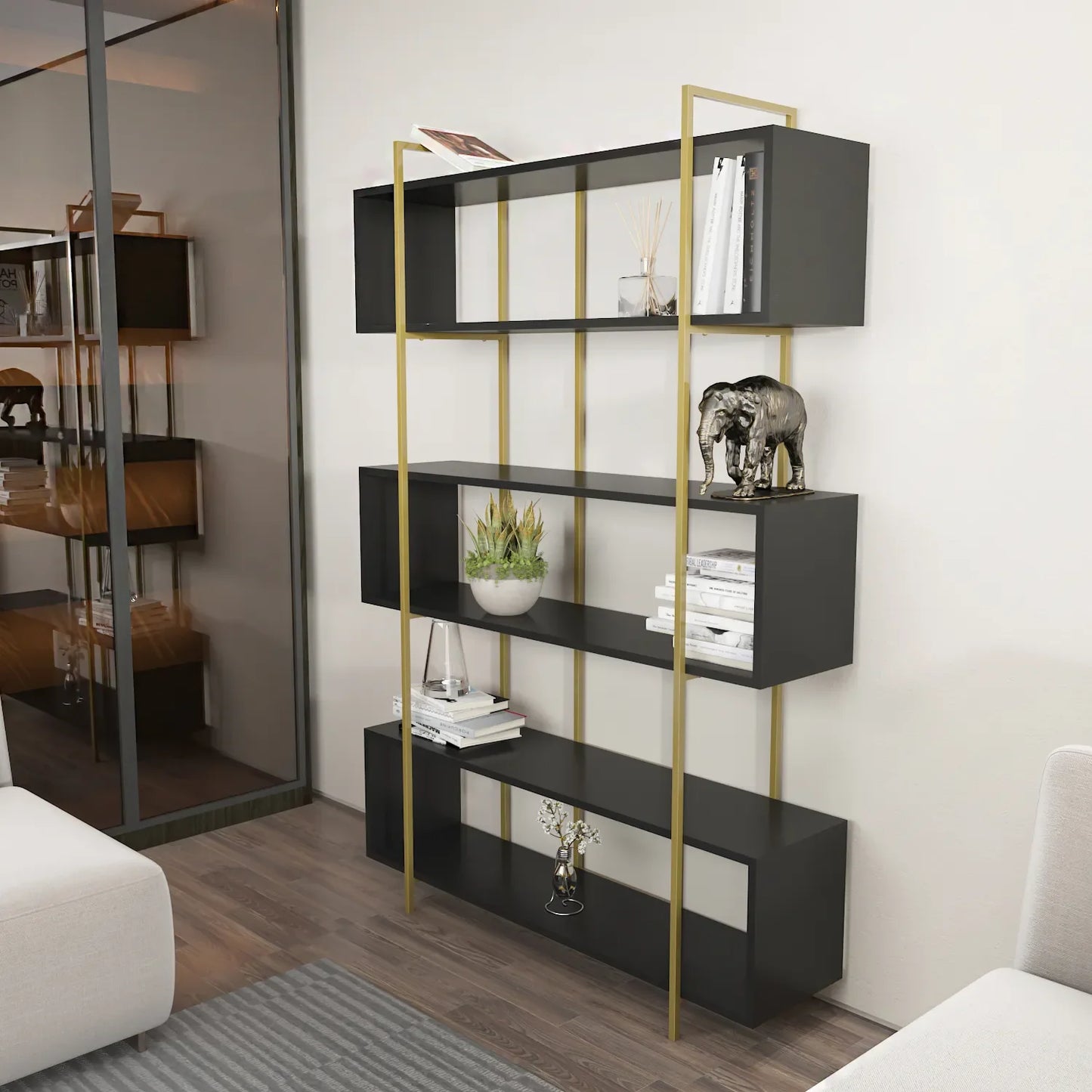 Bruti 71" Tall Geometric Metal Wood Bookcase | Bookshelf | Display Unit