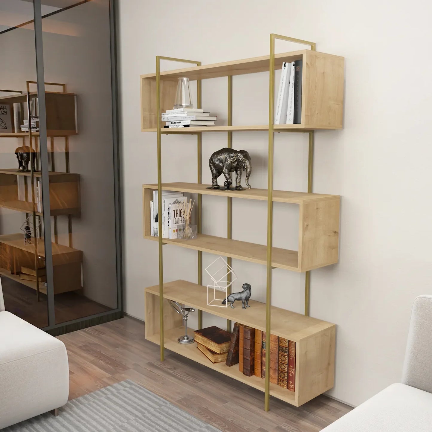 Bruti 71" Tall Geometric Metal Wood Bookcase | Bookshelf | Display Unit