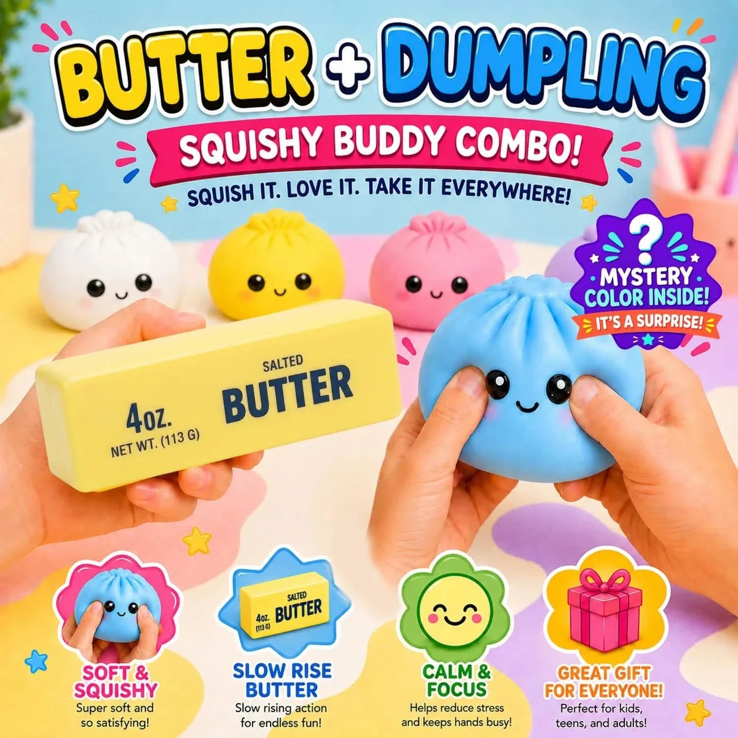 2個セット：スクイージーダンプリング＆バターコンボパック – スローライジングフィジェットトイ