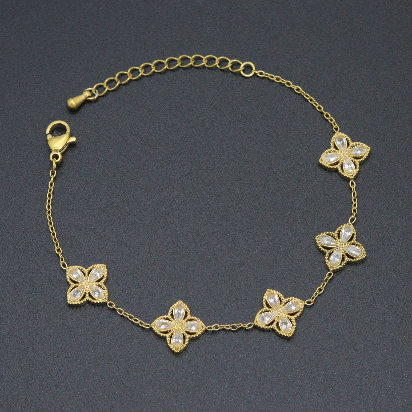 Clear CZ Gold Flower Link Chain Adjustable Bracelet, Sku#BXG20