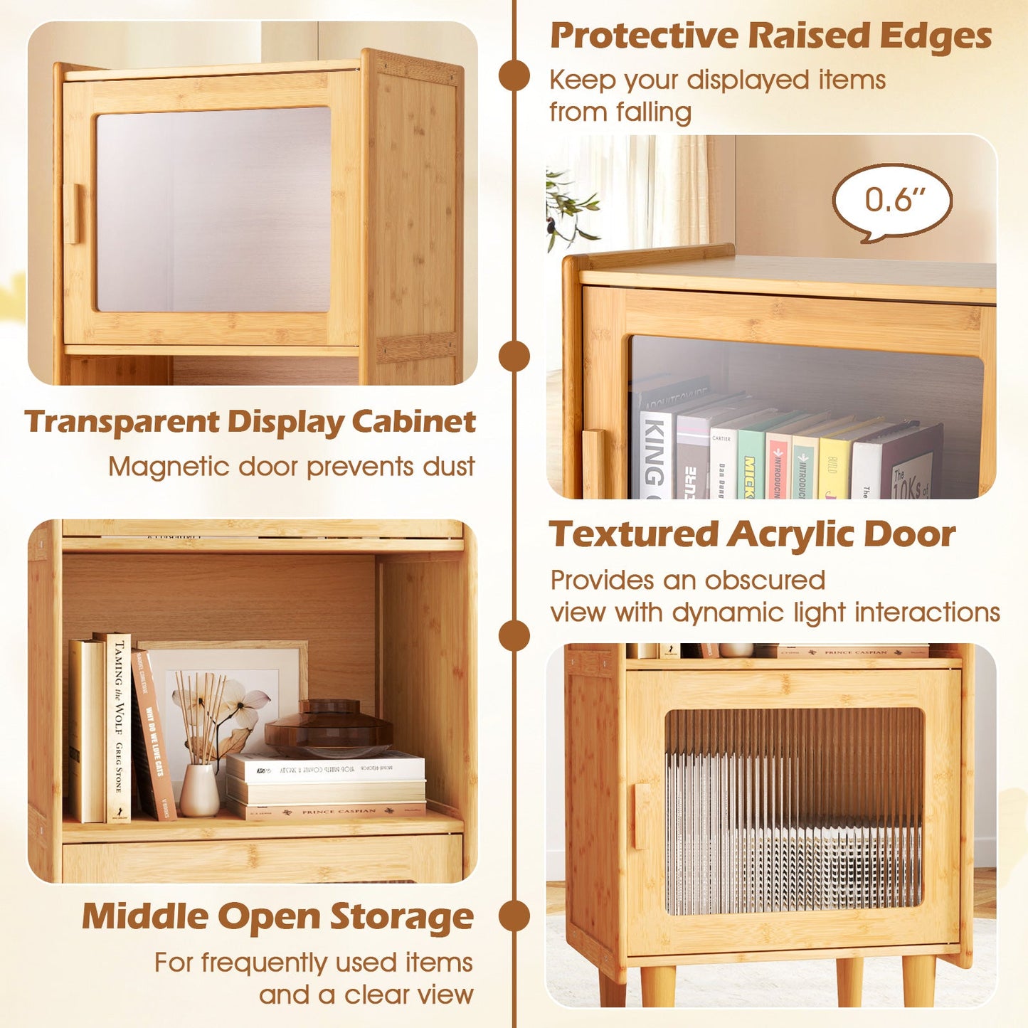 3-Cube Bamboo Storage Cabinet with Open Compartment and 2 Acrylic Doors-Natural