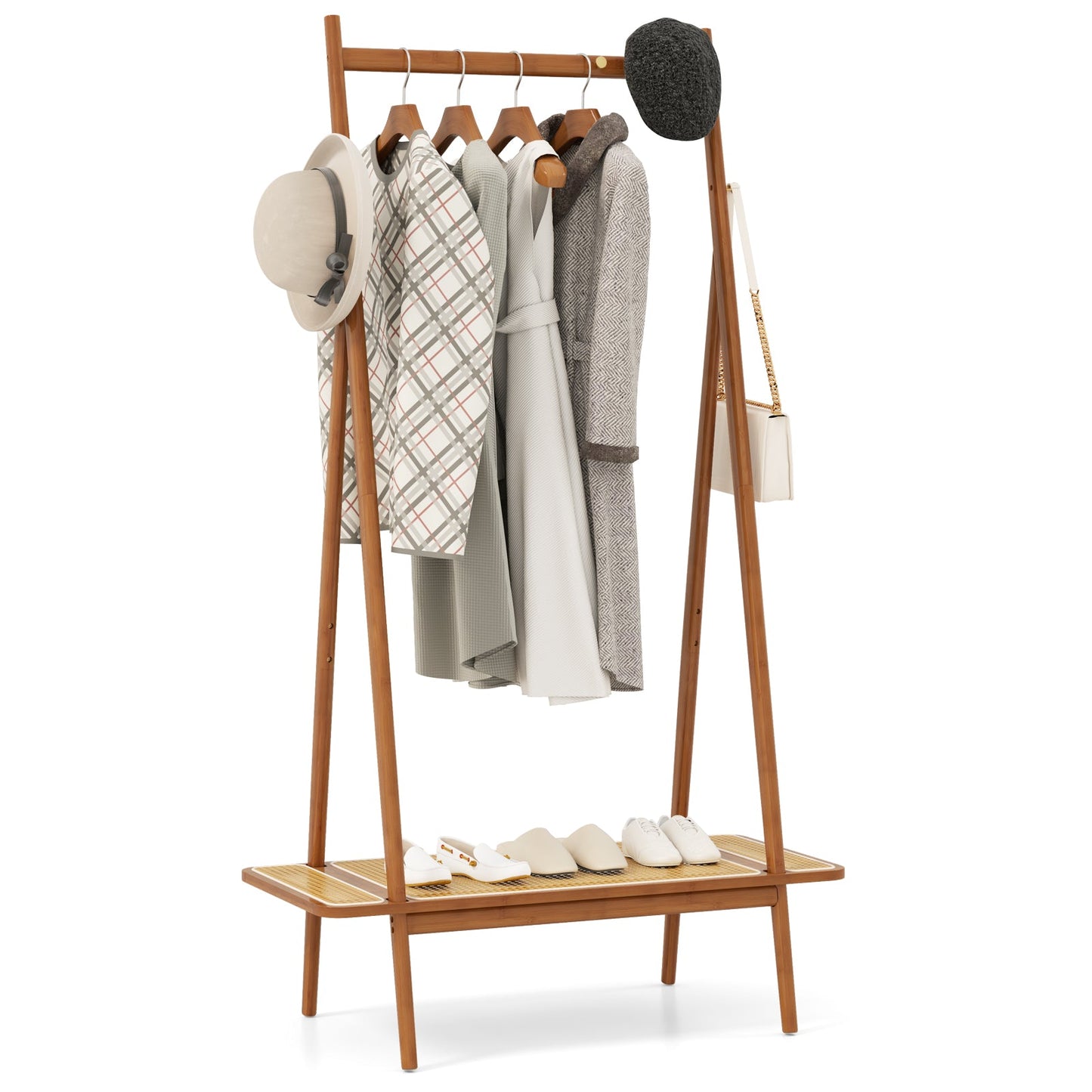 Bamboo Clothes Rack with Hanging Rod Rattan Shelf and Copper Hooks