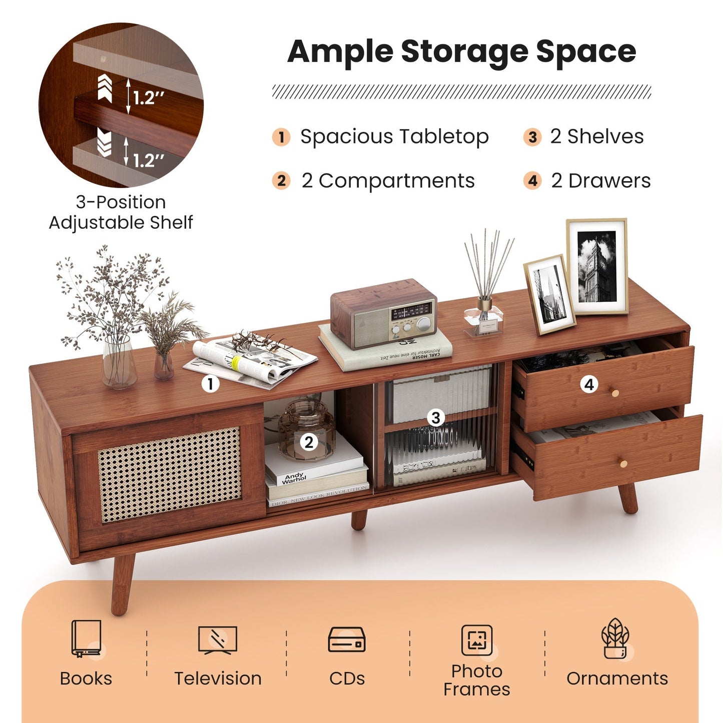 Bamboo TV Stand for TV up to 65 Inch