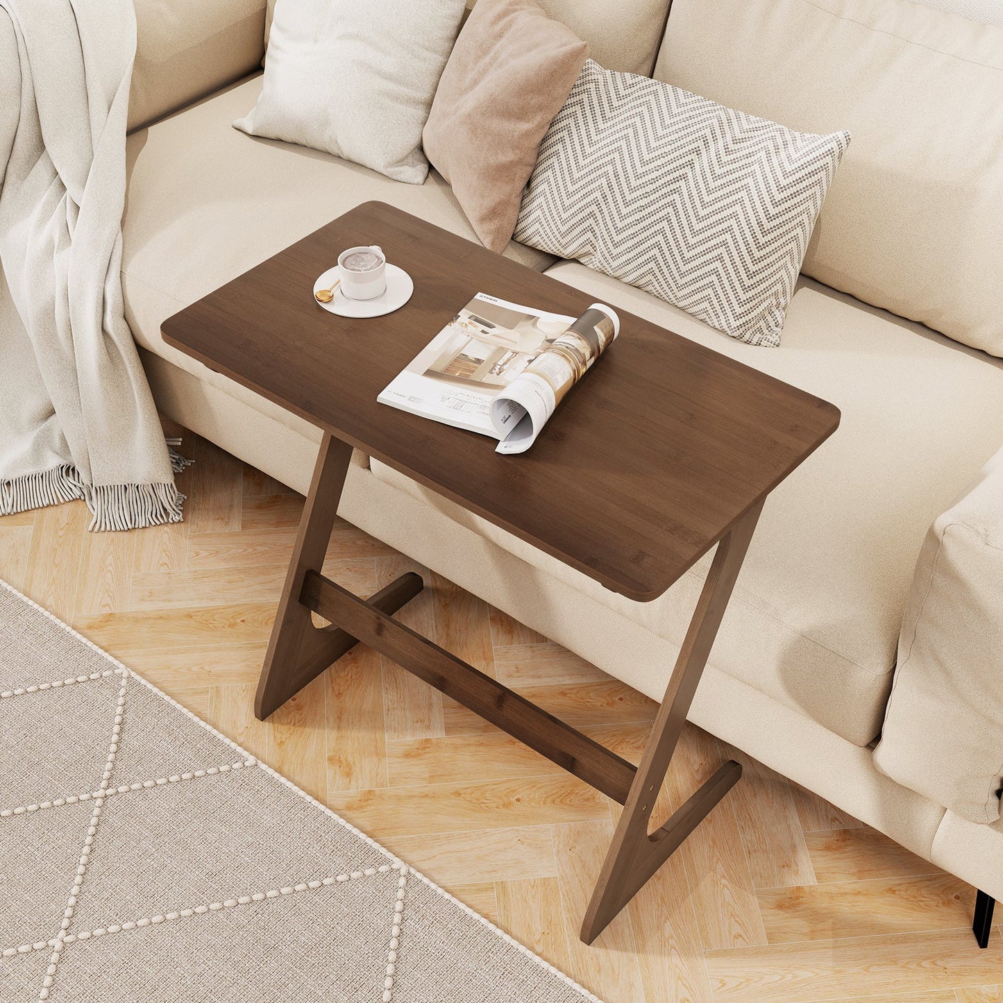 Bamboo Z-Shaped Spacious Sofa Side Table with Space-Saving Tabletop