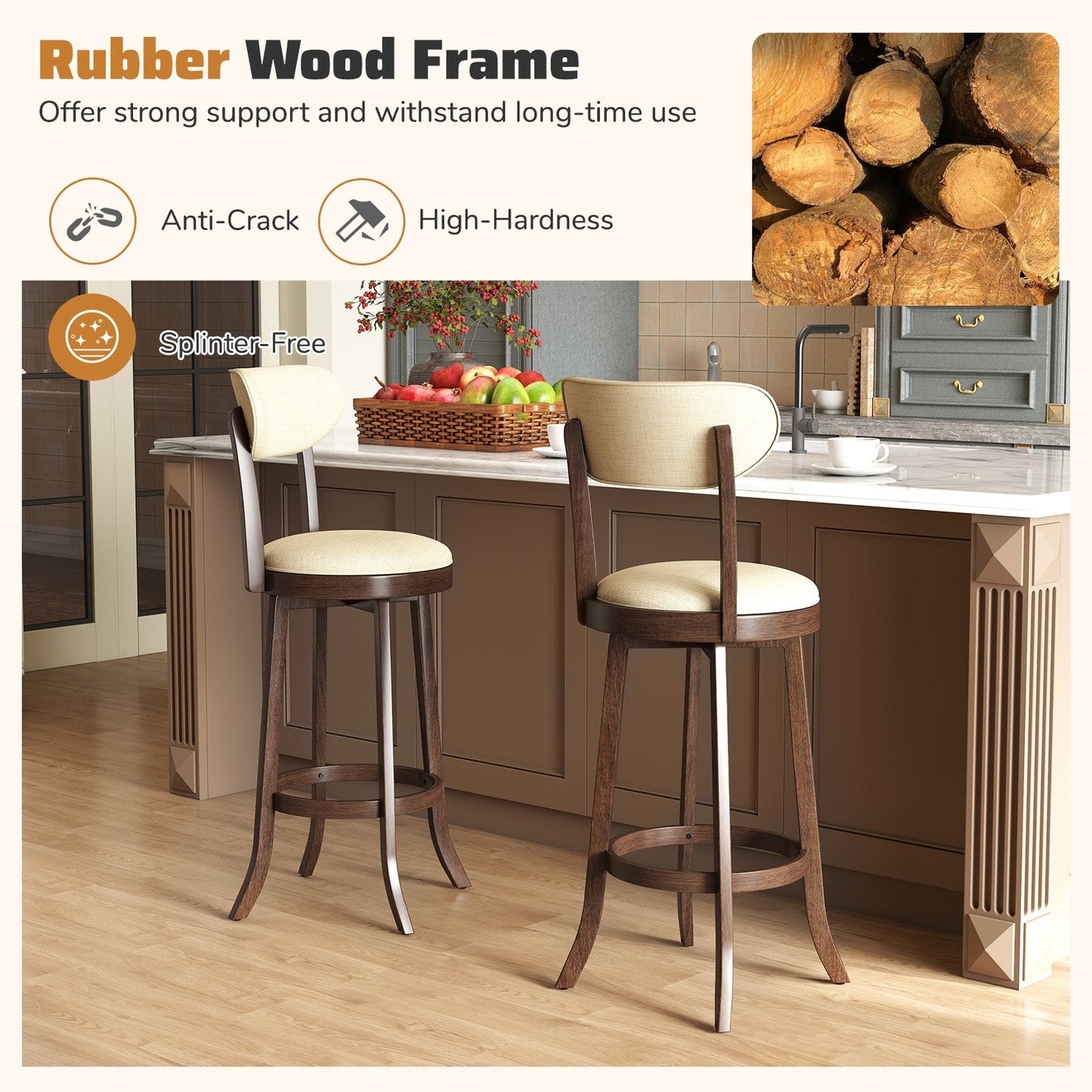 30.5 Inch Bar Height Chairs Set of 2 Swivel High Barstool with Padded Seat and Backrest-Brown