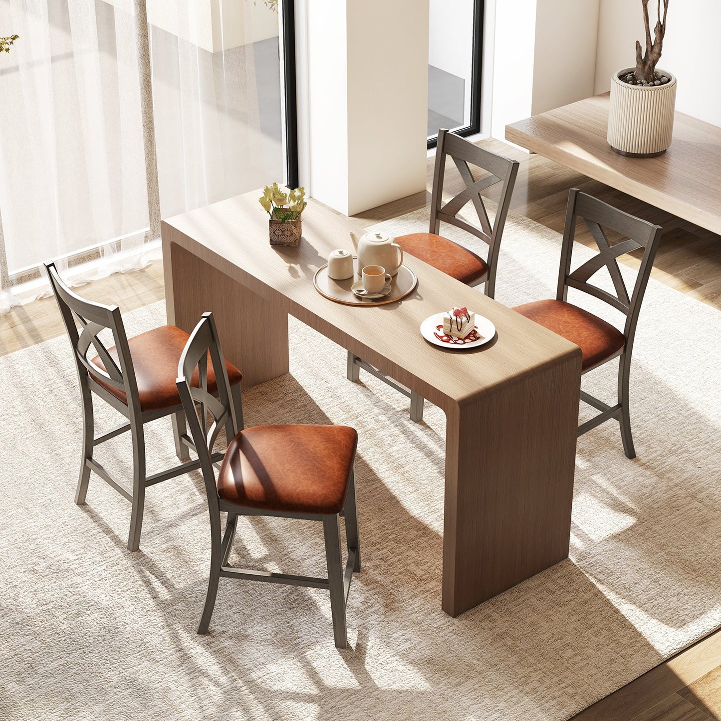 Bar Stools Set of 2 with Cross Back and Faux Leather Upholstered Seat-Gray