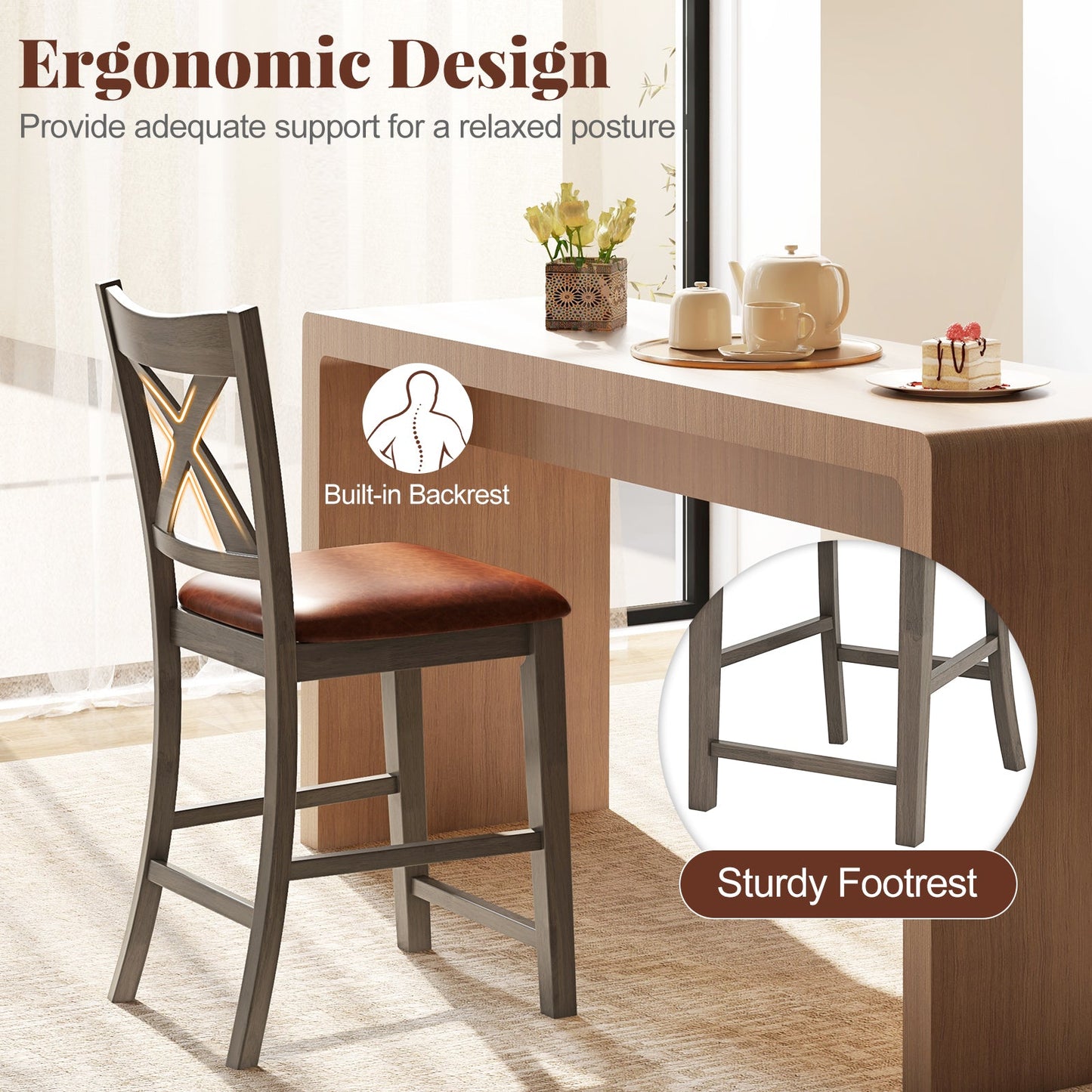 Bar Stools Set of 2 with Cross Back and Faux Leather Upholstered Seat-Gray