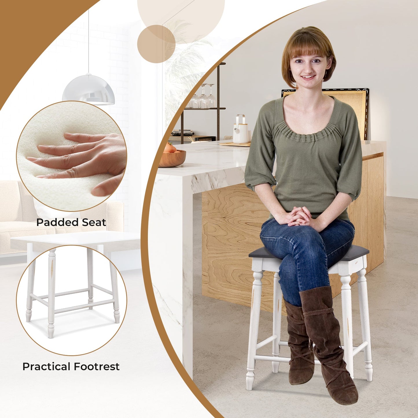 29 Inch Bar Stool Set of 2 with Padded Seat Cushions and Wood Legs-29 inches