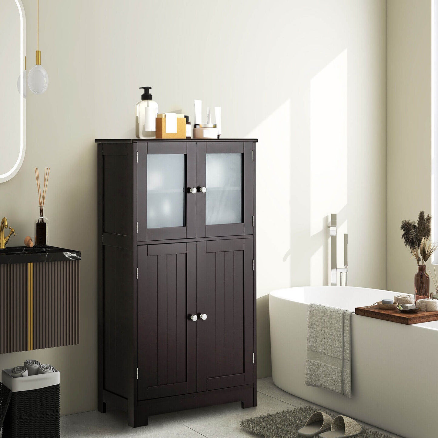 Bathroom Floor Storage Locker Kitchen Cabinet with Doors and Adjustable Shelf