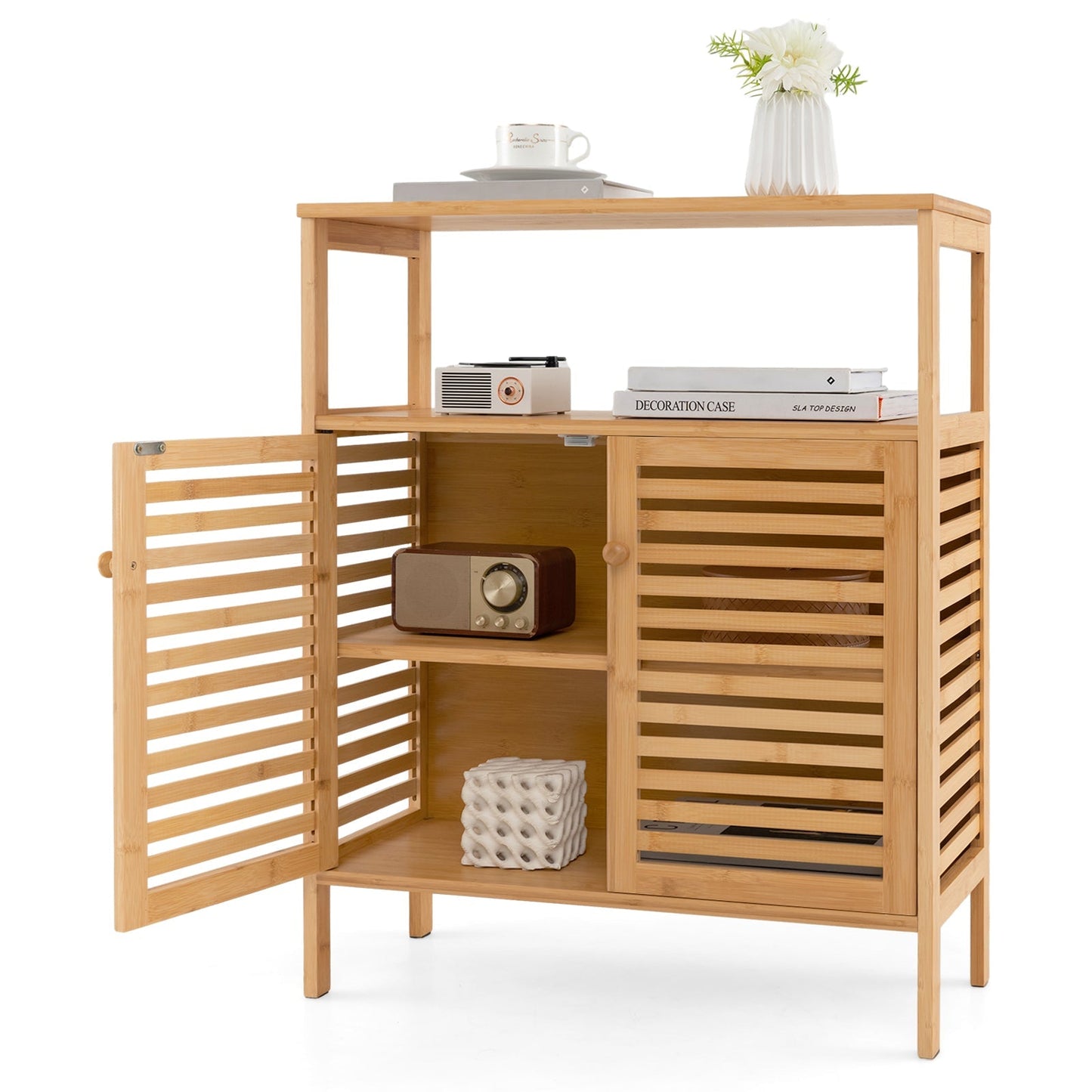 Bamboo Bathroom Floor Storage Cabinet with Shutter Doors-Natural