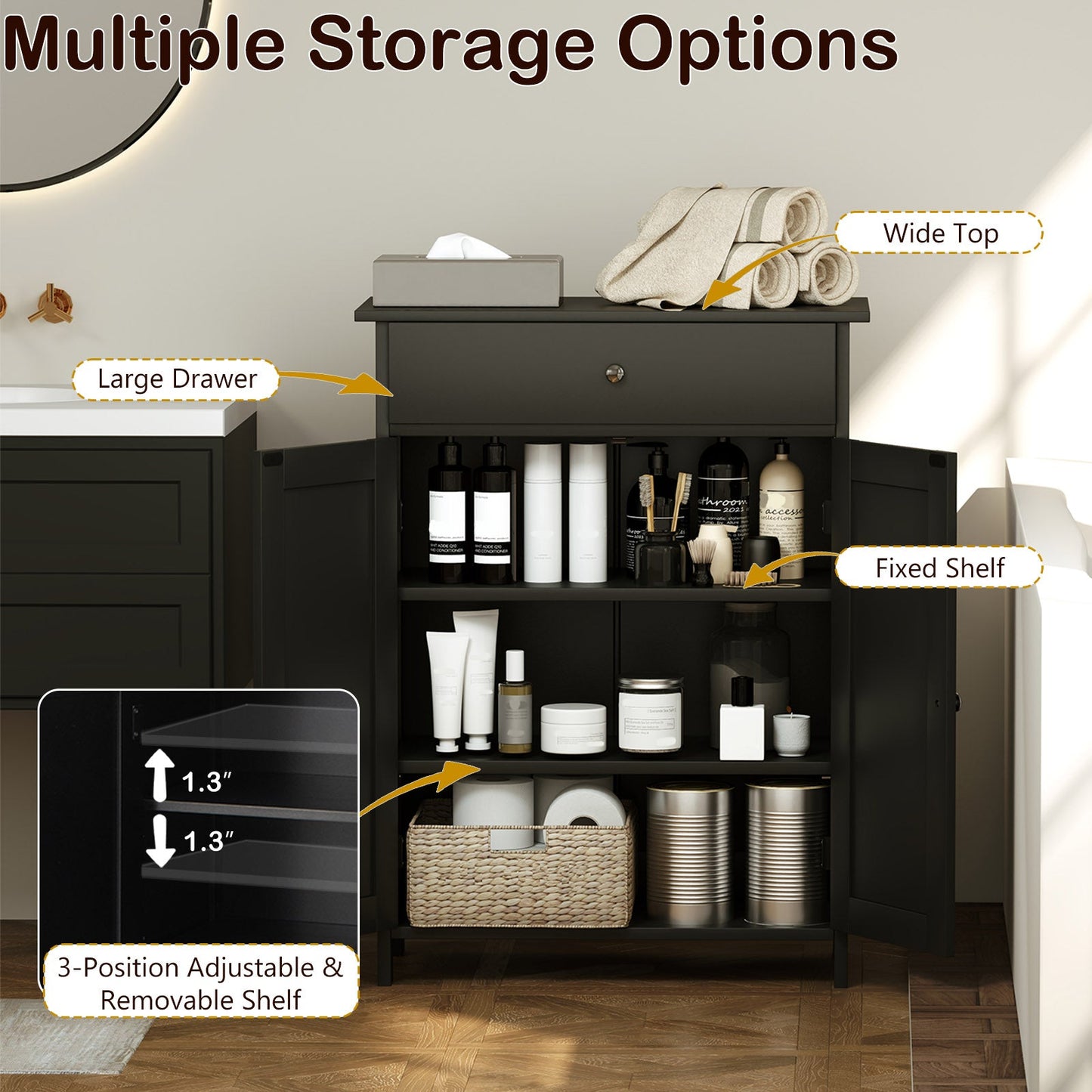 Bathroom Floor Cabinet Freestanding Storage Organizer with 2 Doors