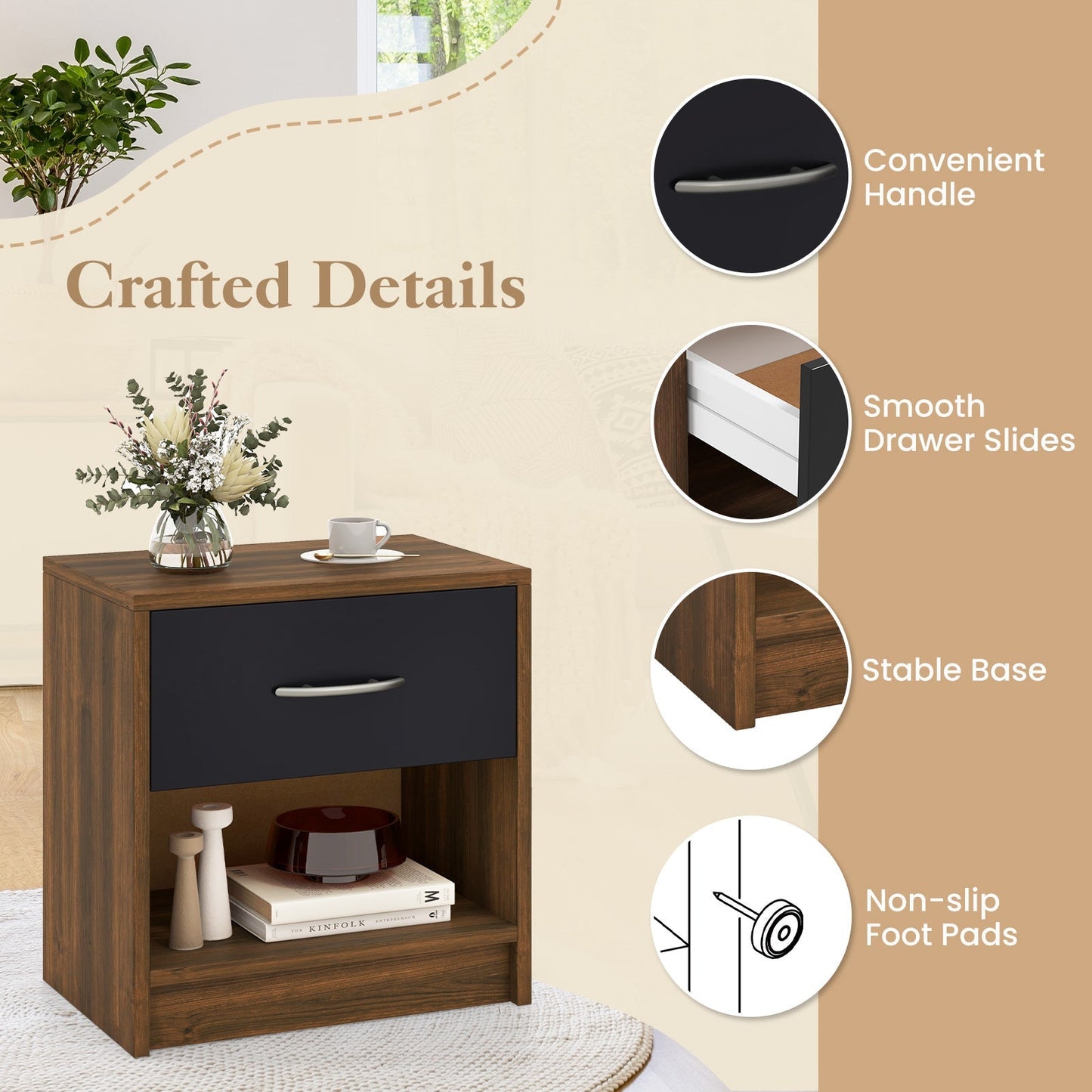 Bedside Table Nightstand with Drawer and Open Storage Shelf
