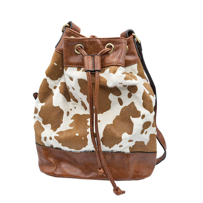 Cow Patterned Faux Leather Drawstring Crossbody Bag