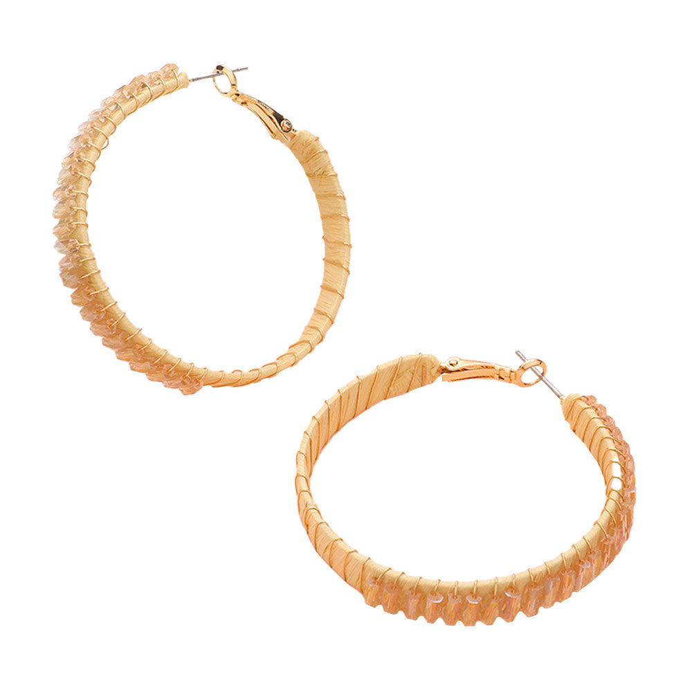 Rectangle Bead Trimmed Raffia Wrapped Hoop Earrings