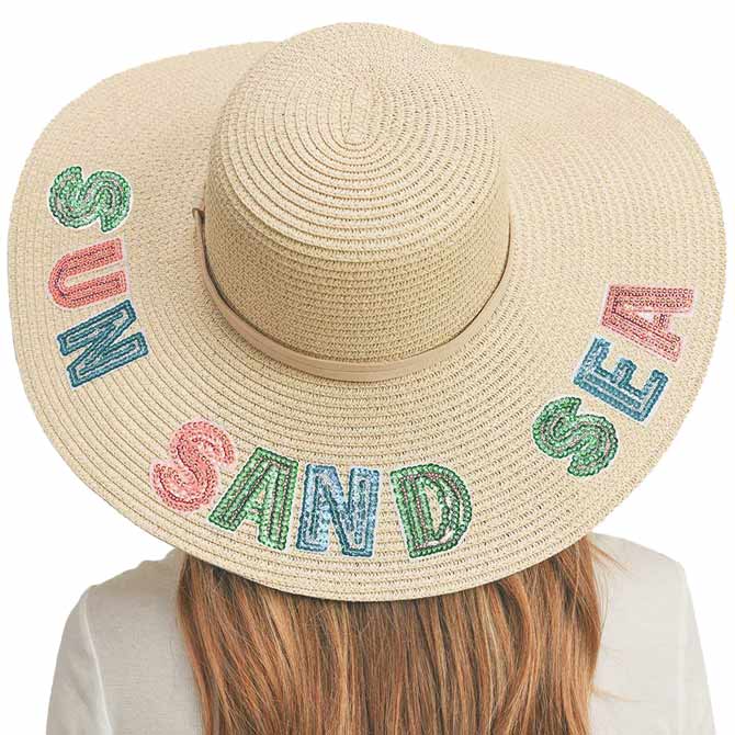 Sun Sand Sea Sequin Message Straw Panama Sun Hat