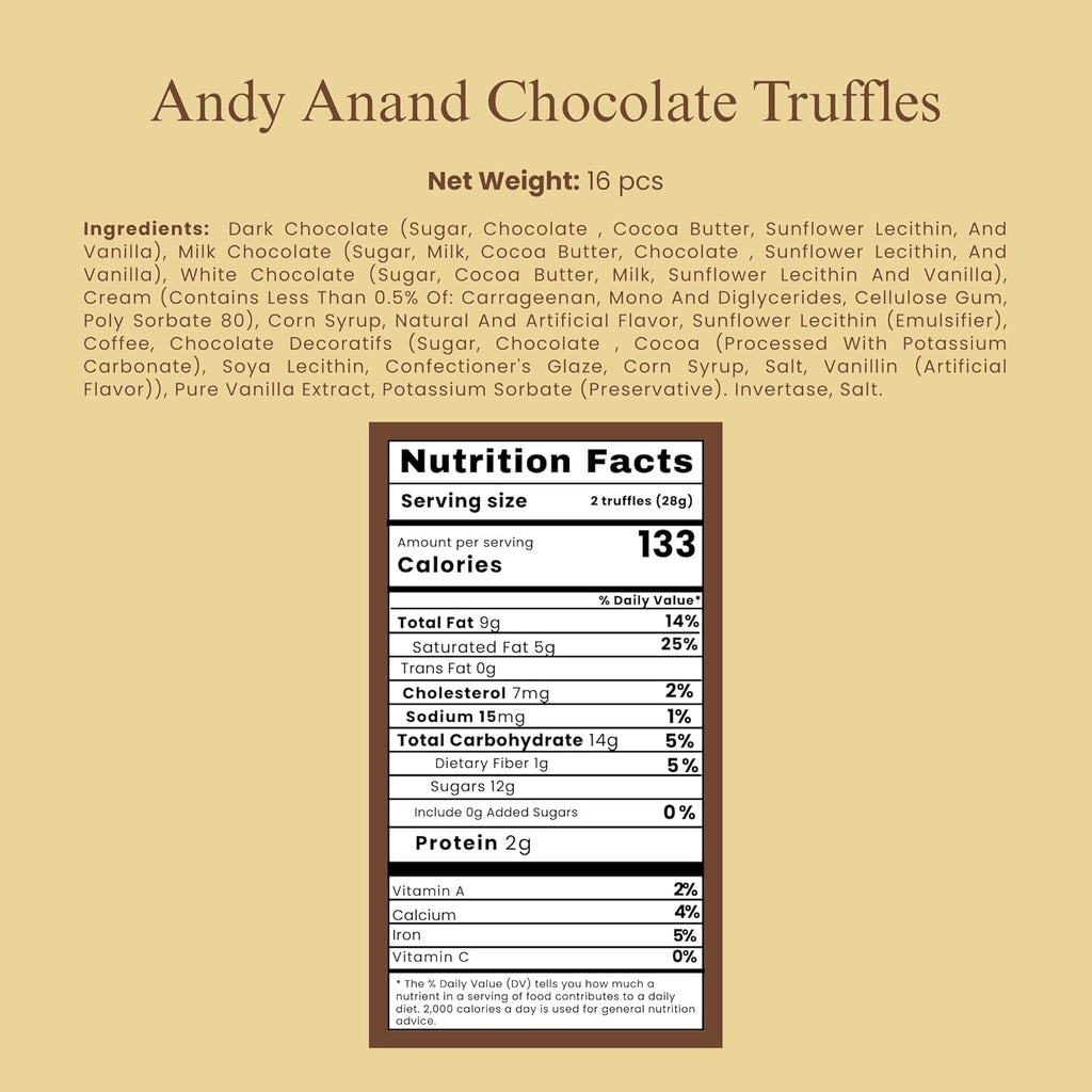 Andy Anand Assorted Belgian Chocolate Truffles Gift Box, 16 pc – Handmade Creamy Filled Gourmet Chocolates, Birthday & Holiday Gift Box