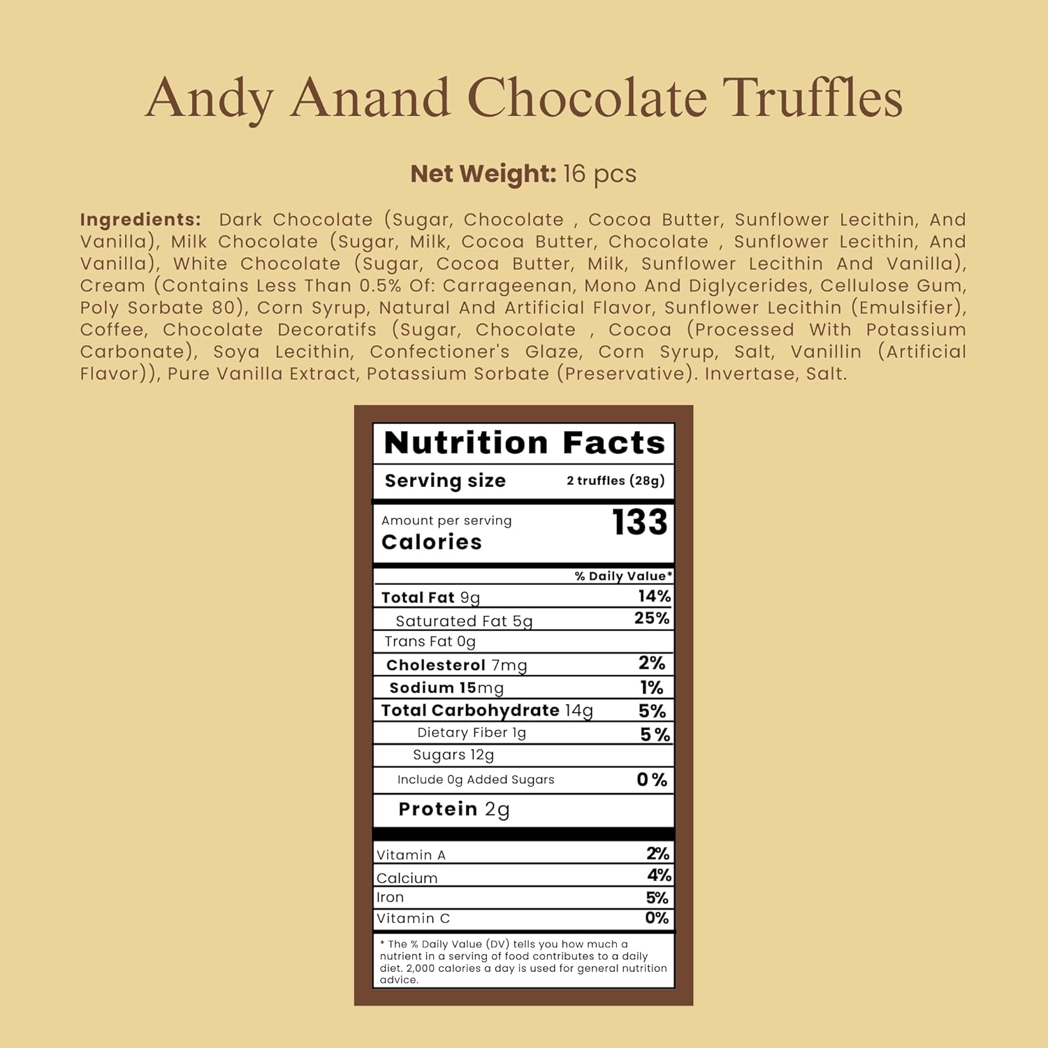Andy Anand Assorted Belgian Chocolate Truffles Gift Box, 16 pc – Handmade Creamy Filled Gourmet Chocolates, Birthday & Holiday Gift Box
