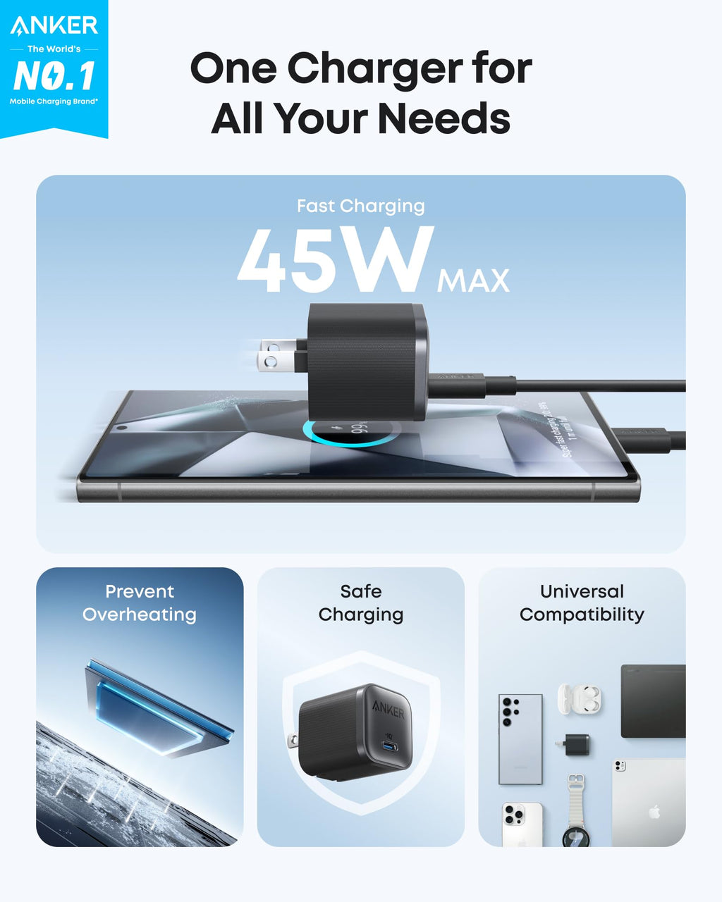 Chargeur Anker Nano (45W) avec câble USB-C vers USB-C