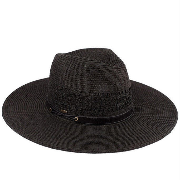 C.C Women's Faux Leather String Paper Straw Panama Hat Sun