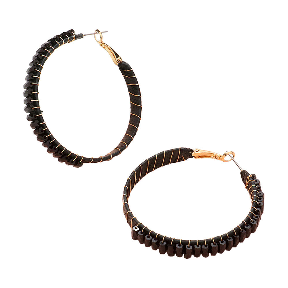 Rectangle Bead Trimmed Raffia Wrapped Hoop Earrings