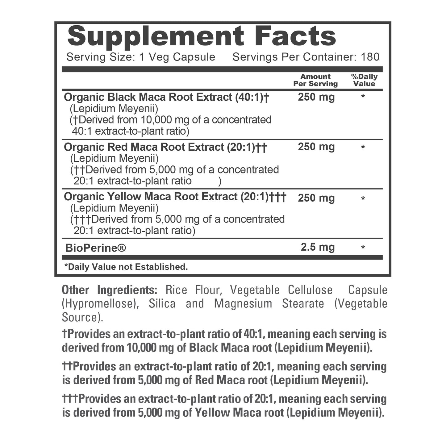NusaPure Maca Root Black, Red, Yellow 750mg - 180 Vegan Capsules (Vegan,Non-GMO, Gluten Free) Bioperine