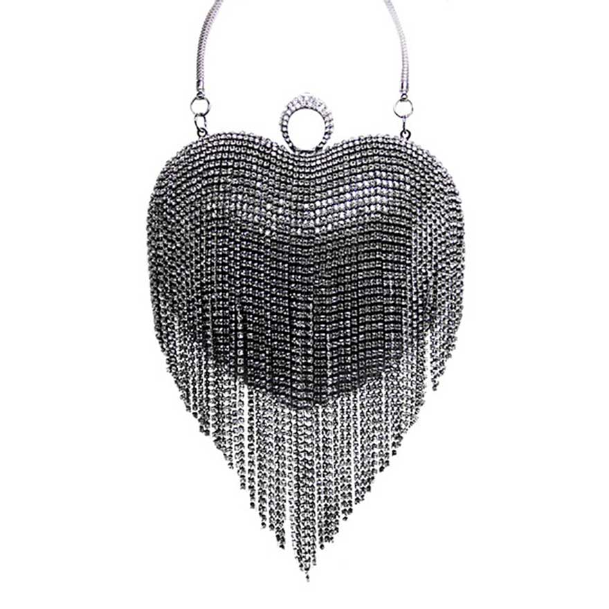 Rhinestone Fringe Heart Evening Tote Clutch Crossbody Bag