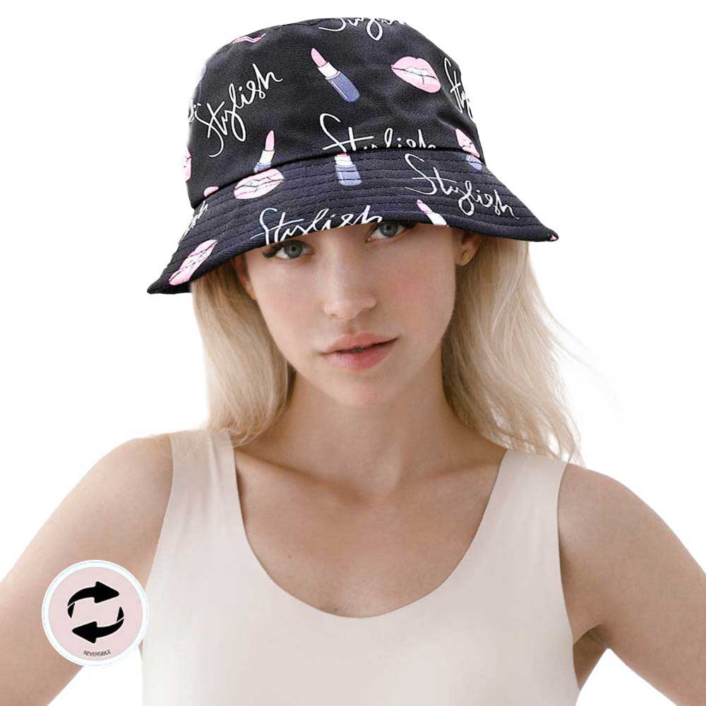 Stylish Message Lipstick Patterned Reversible Bucket Hat