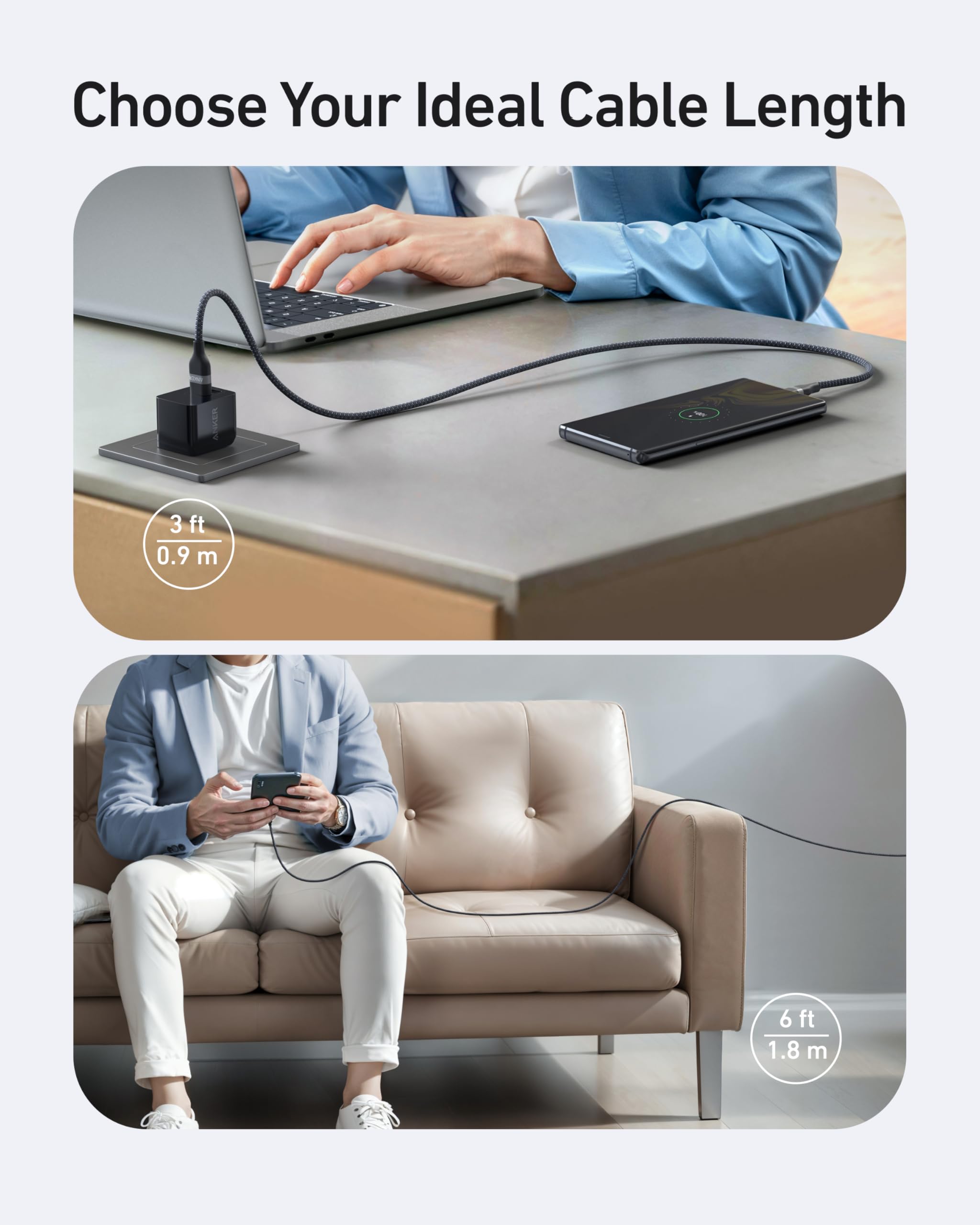 Câble Anker USB-A vers USB-C (0,9 m / 1,8 m, tressé recyclé)
