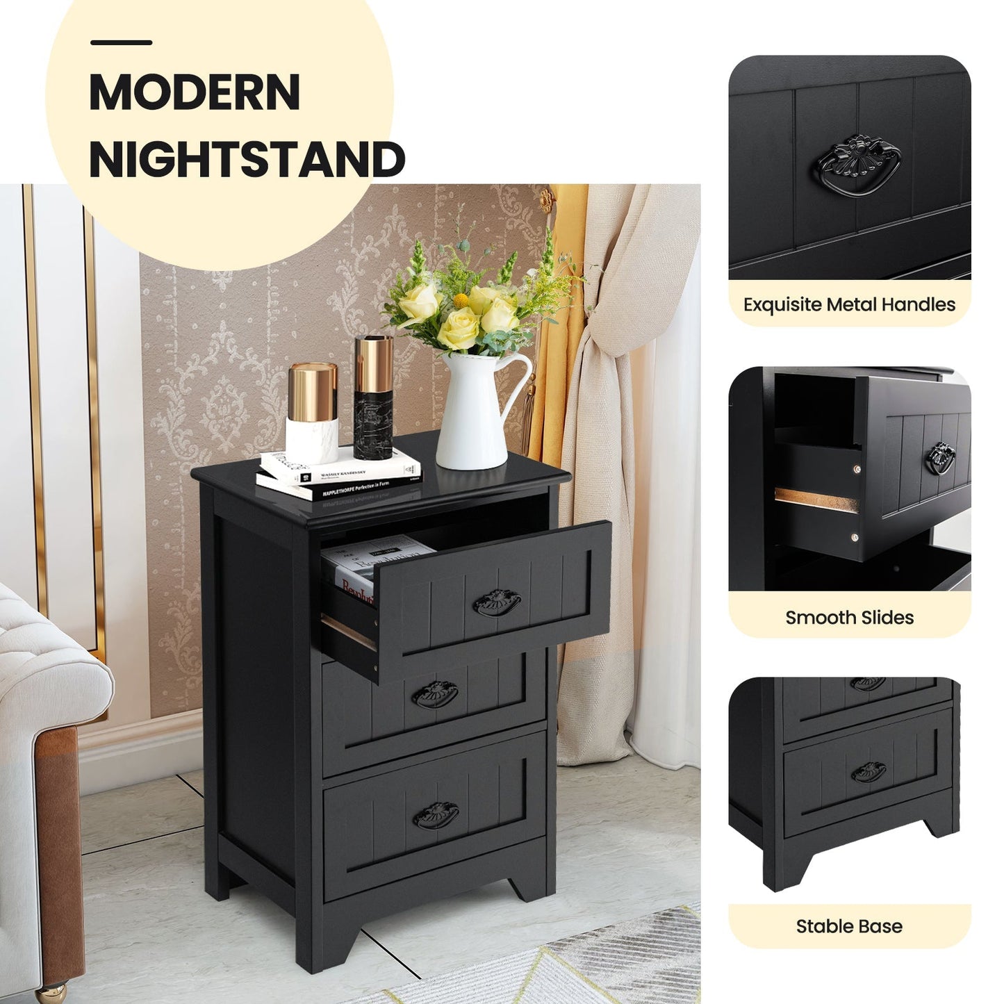 Farmhouse Nightstand with 3 Storage Drawers and Handles