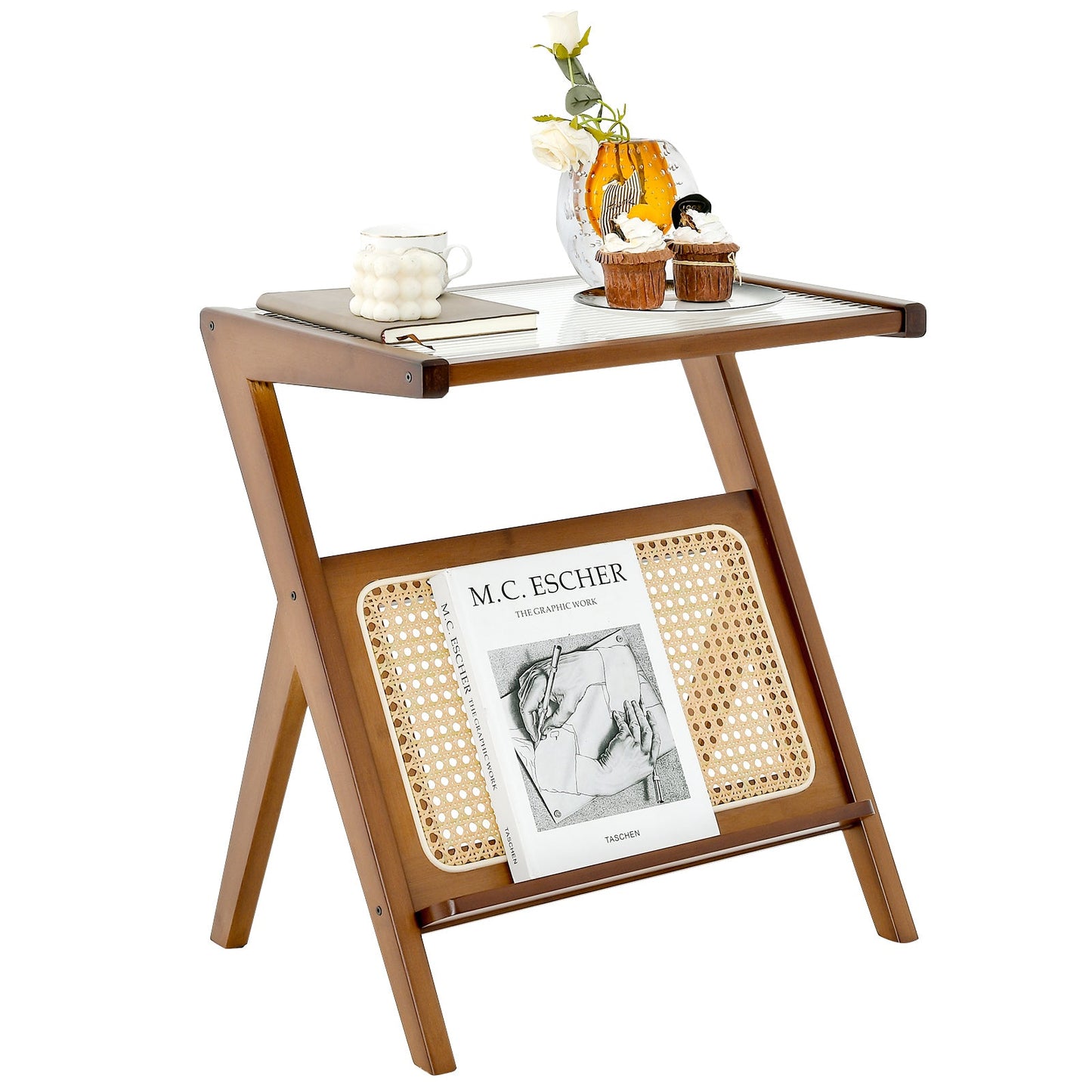 Boho End Table with Magazine Rack and Tempered Glass Top