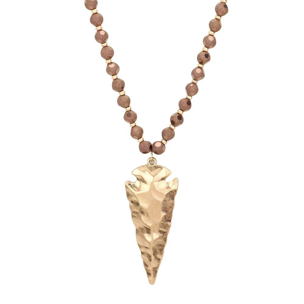 Hammered Metal Arrow Pendant Faceted Beads Long Necklace