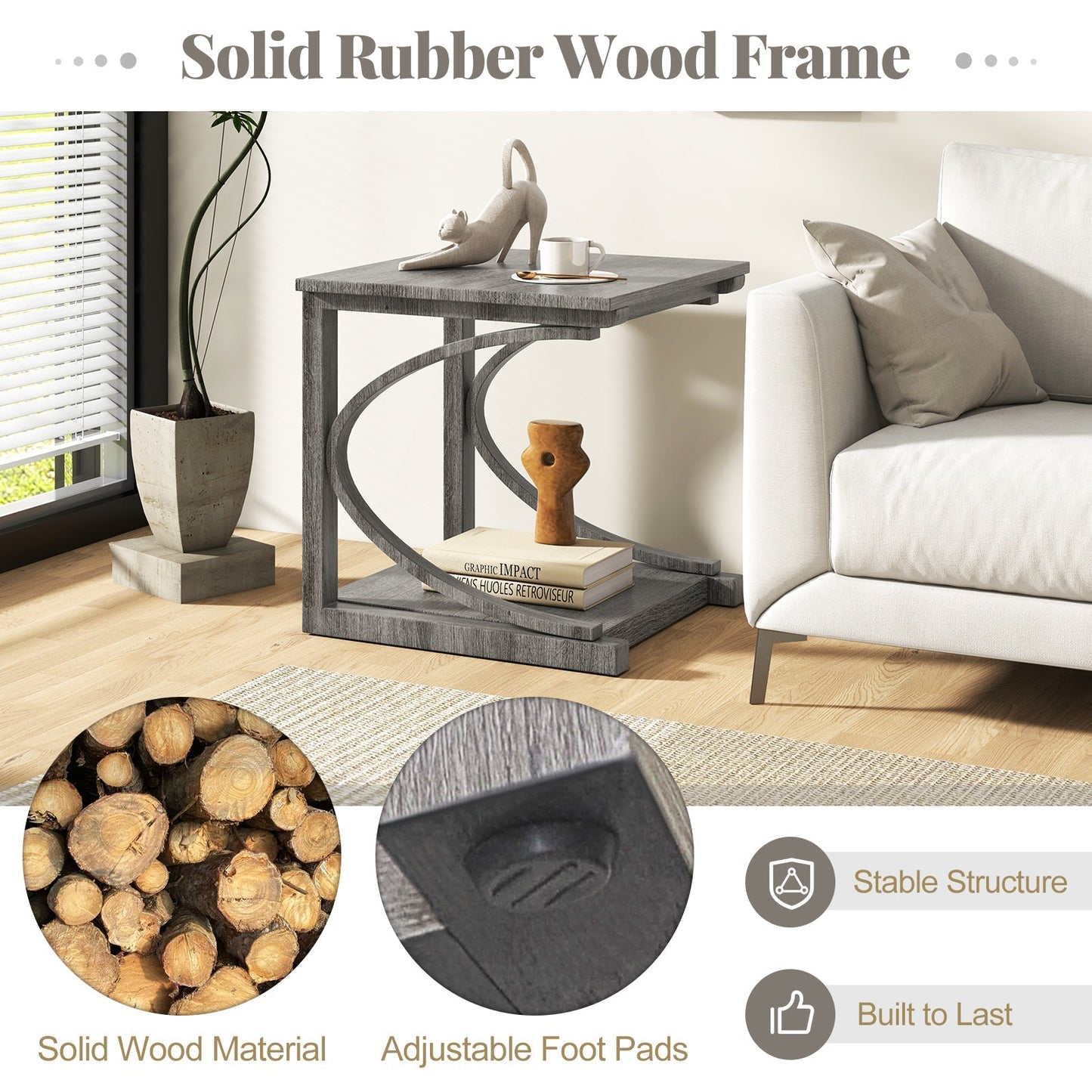 C-shaped 24 Inch 2 Tier Square End Table Sofa Side Table-Grey
