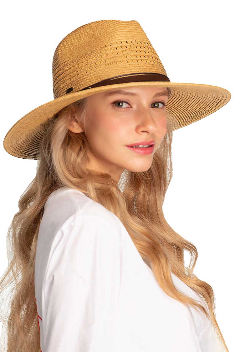 C.C Women's Faux Leather String Paper Straw Panama Hat Sun