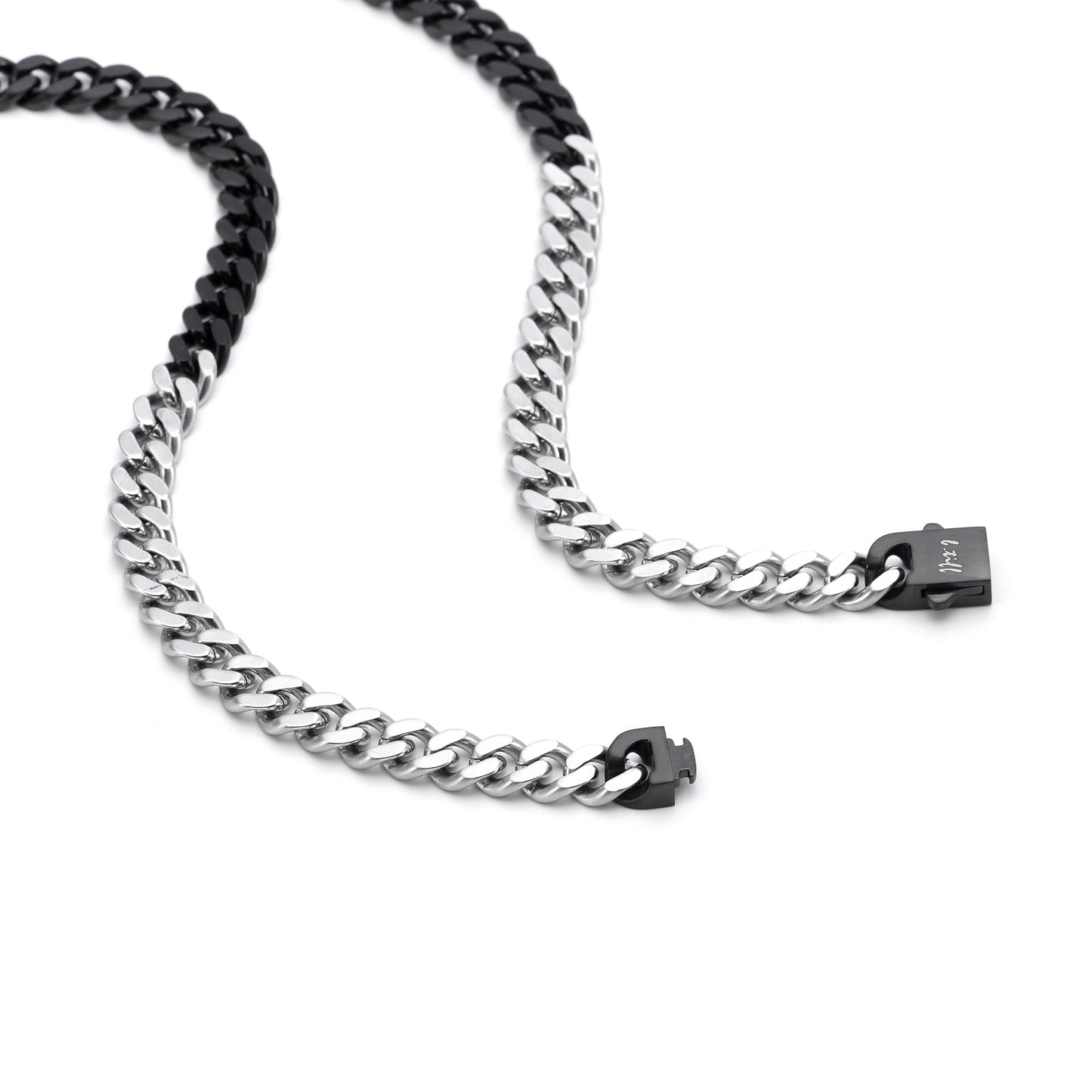 C138BW B.Tiff 2-Tone Matte Black & High Polish Stainless Steel Flat Cuban Link Necklace/ 8mm