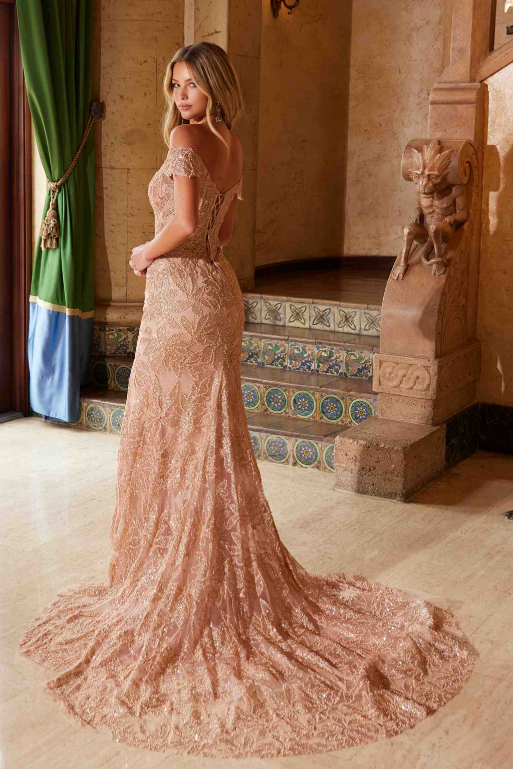 Nox Anabel C1600 Off the Shoulder Fully Beaded Long Train Dress
