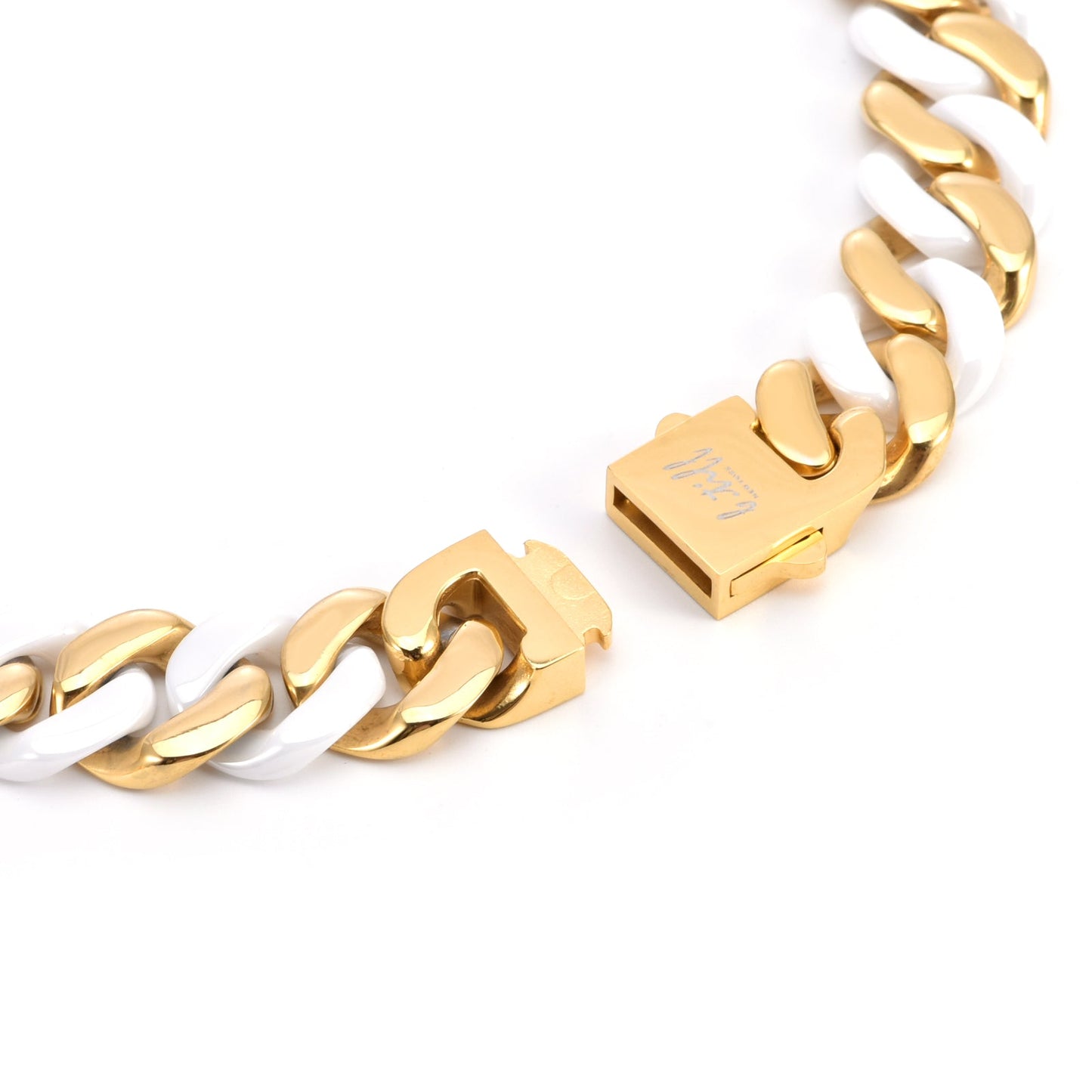 C160GW B.Tiff 2-Tone Gold Plated White Ceramic Flat Cuban Link Necklace/ 16mm