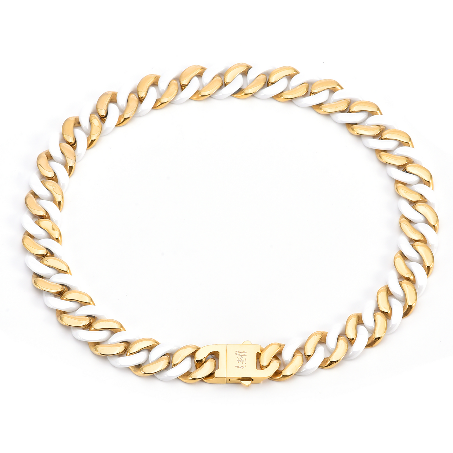 C160GW B.Tiff 2-Tone Gold Plated White Ceramic Flat Cuban Link Necklace/ 16mm