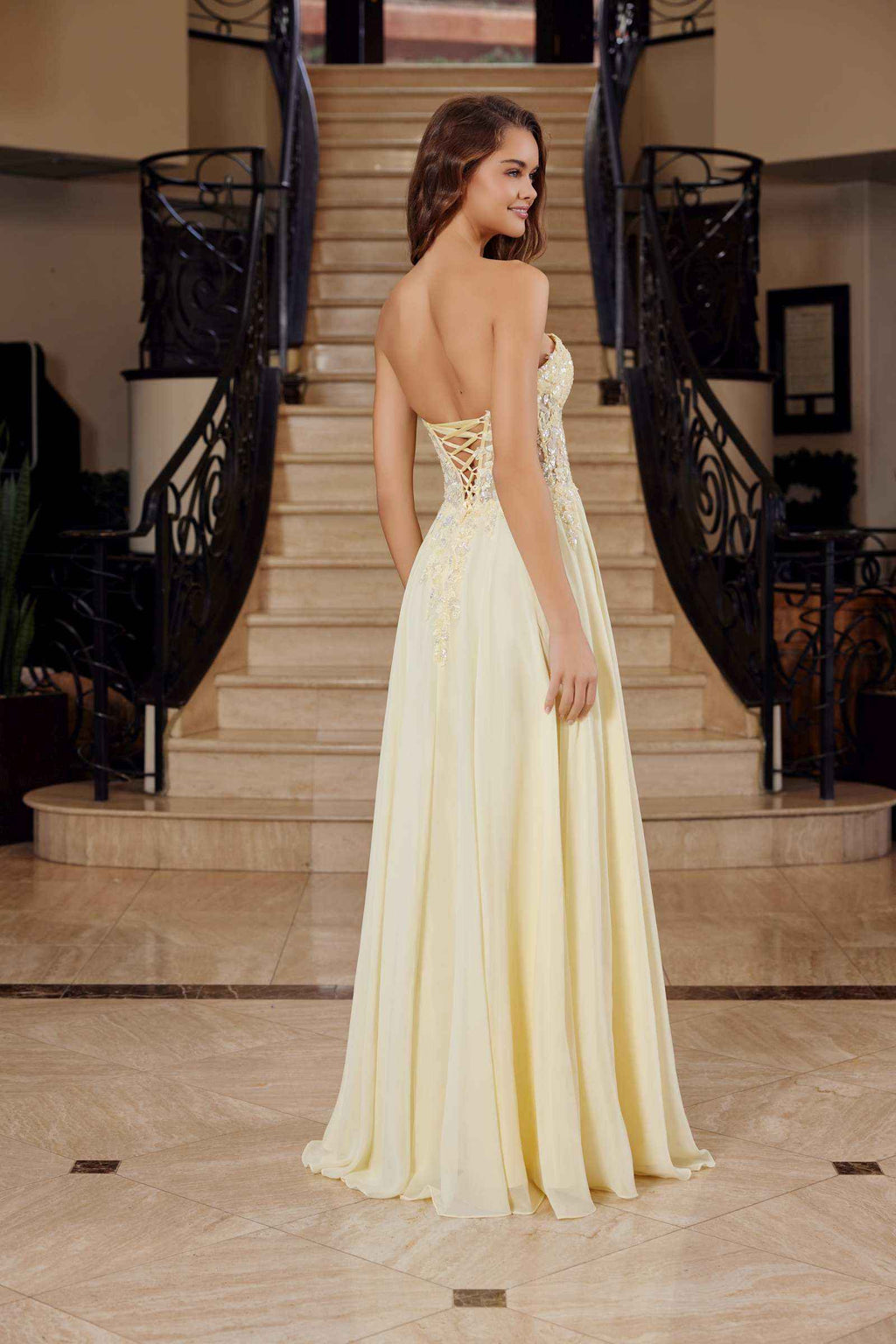 Nox Anabel C1617 Strapless Applique Corset with Chiffon Skirt Dress
