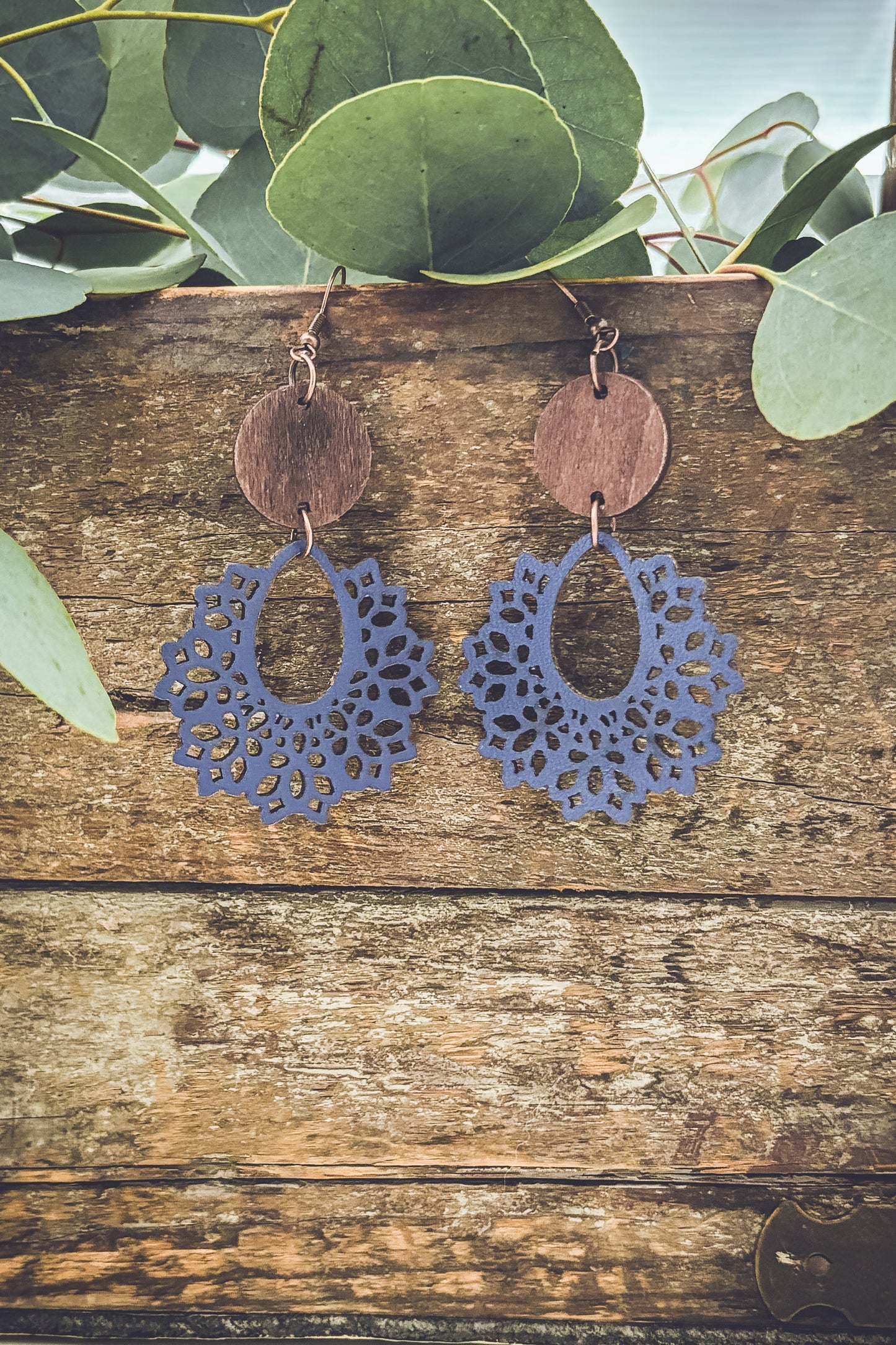 Beautiful Blue Wood and Leather  Earrings