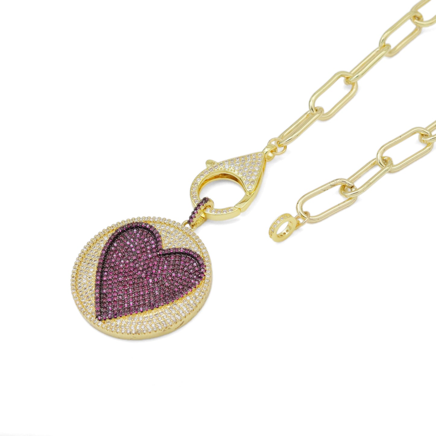 Paperclip Colorful CZ Heart Necklace, Sku#CL26