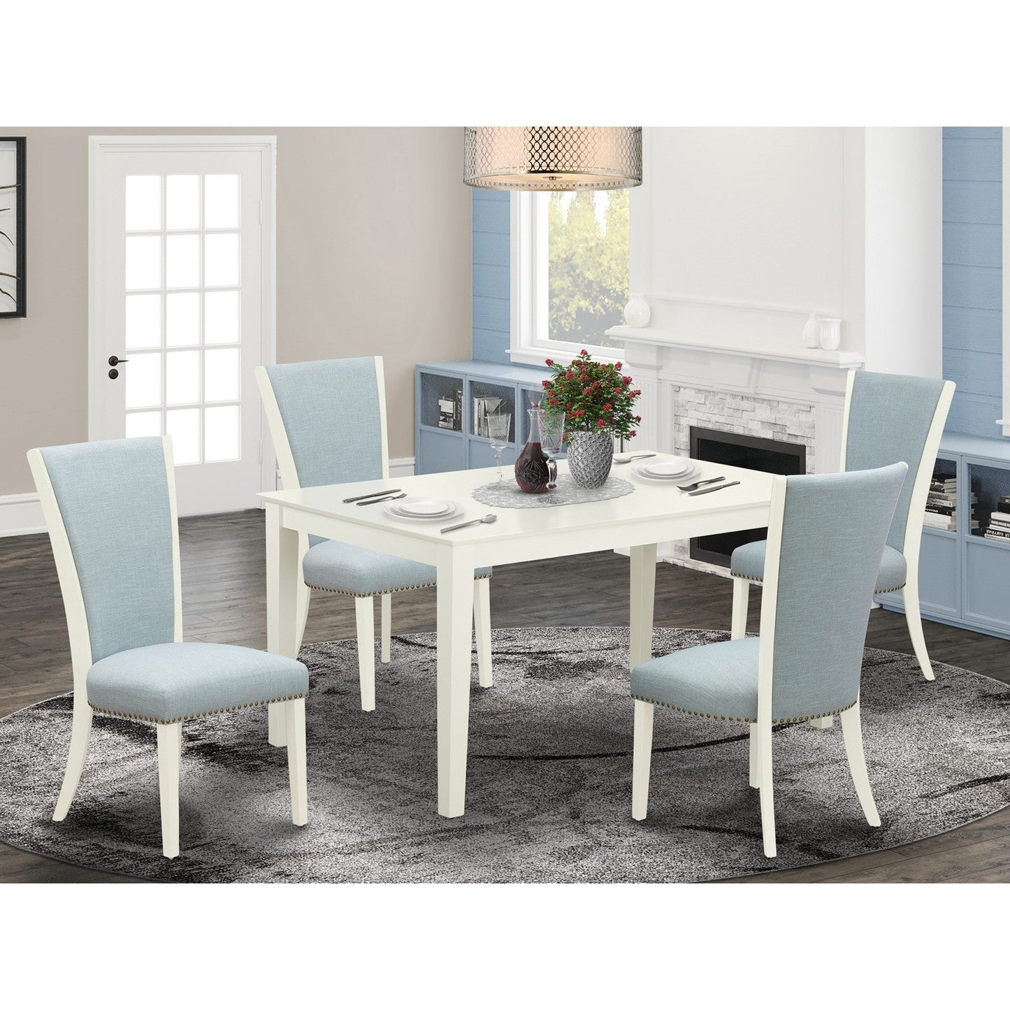 EAST WEST FURNITURE - CAVE5-LWH-15 - 5 Piece Dining Table Set - 4 Baby Blue Linen Fabric Dining Chairs with High Back and 1 Wooden Dining Table - linen white Finish