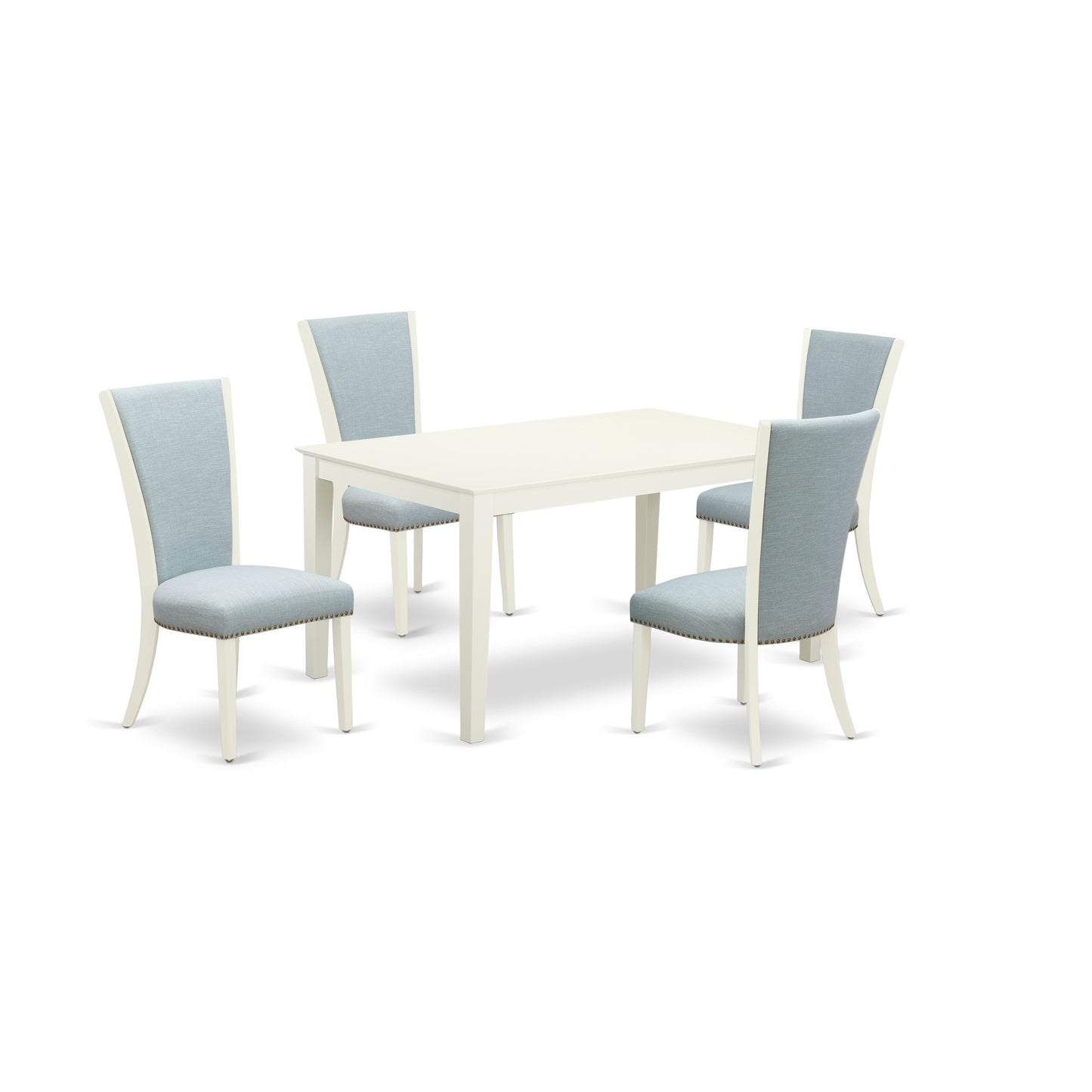EAST WEST FURNITURE - CAVE5-LWH-15 - 5 Piece Dining Table Set - 4 Baby Blue Linen Fabric Dining Chairs with High Back and 1 Wooden Dining Table - linen white Finish