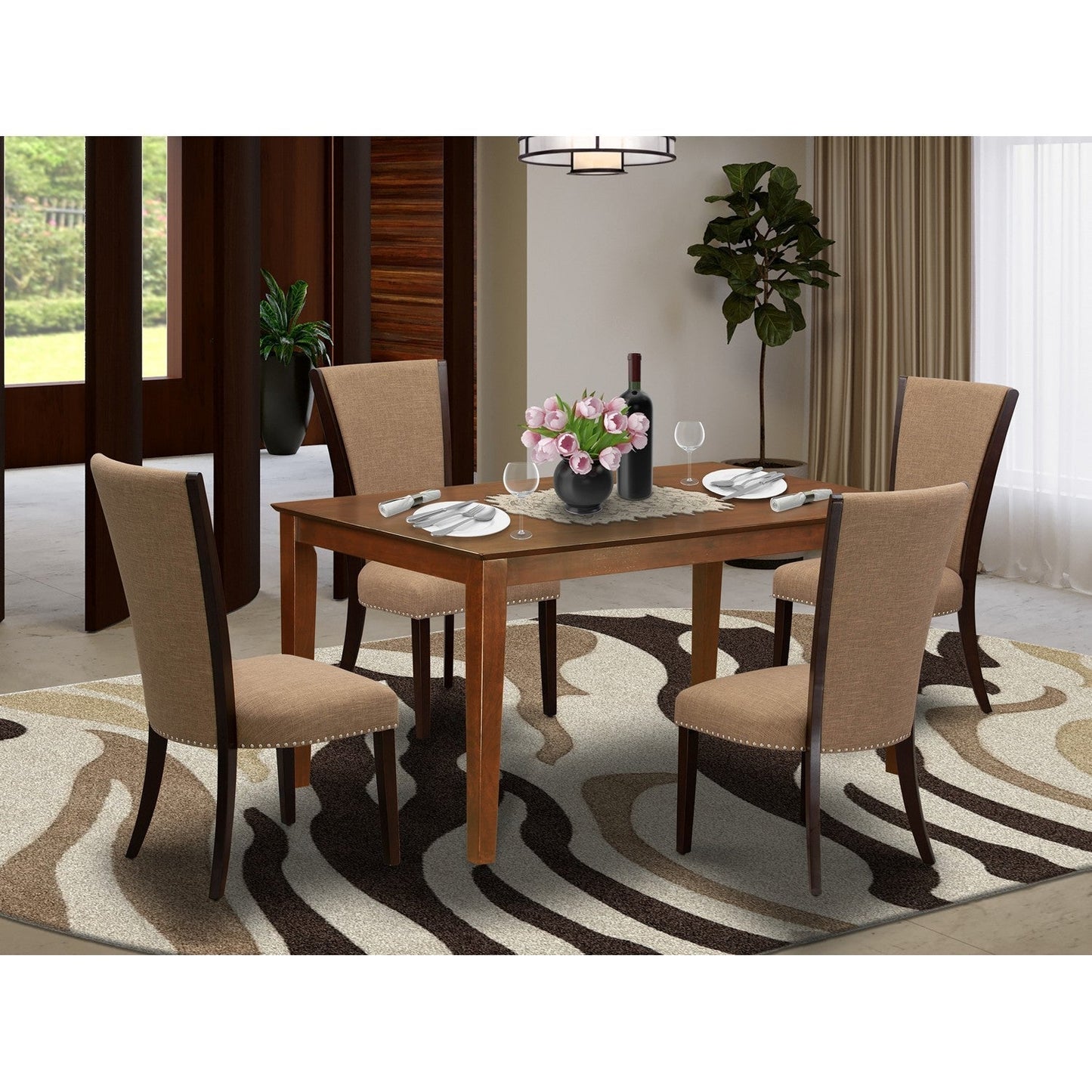 EAST WEST FURNITURE - CAVE5-MAH-47 - 5 Piece Kitchen Table Set - 4 Light Sable Linen Fabric Parson Dining Room Chairs with High Back and 1 Gorgeous Dining Table - Mahogany Finish