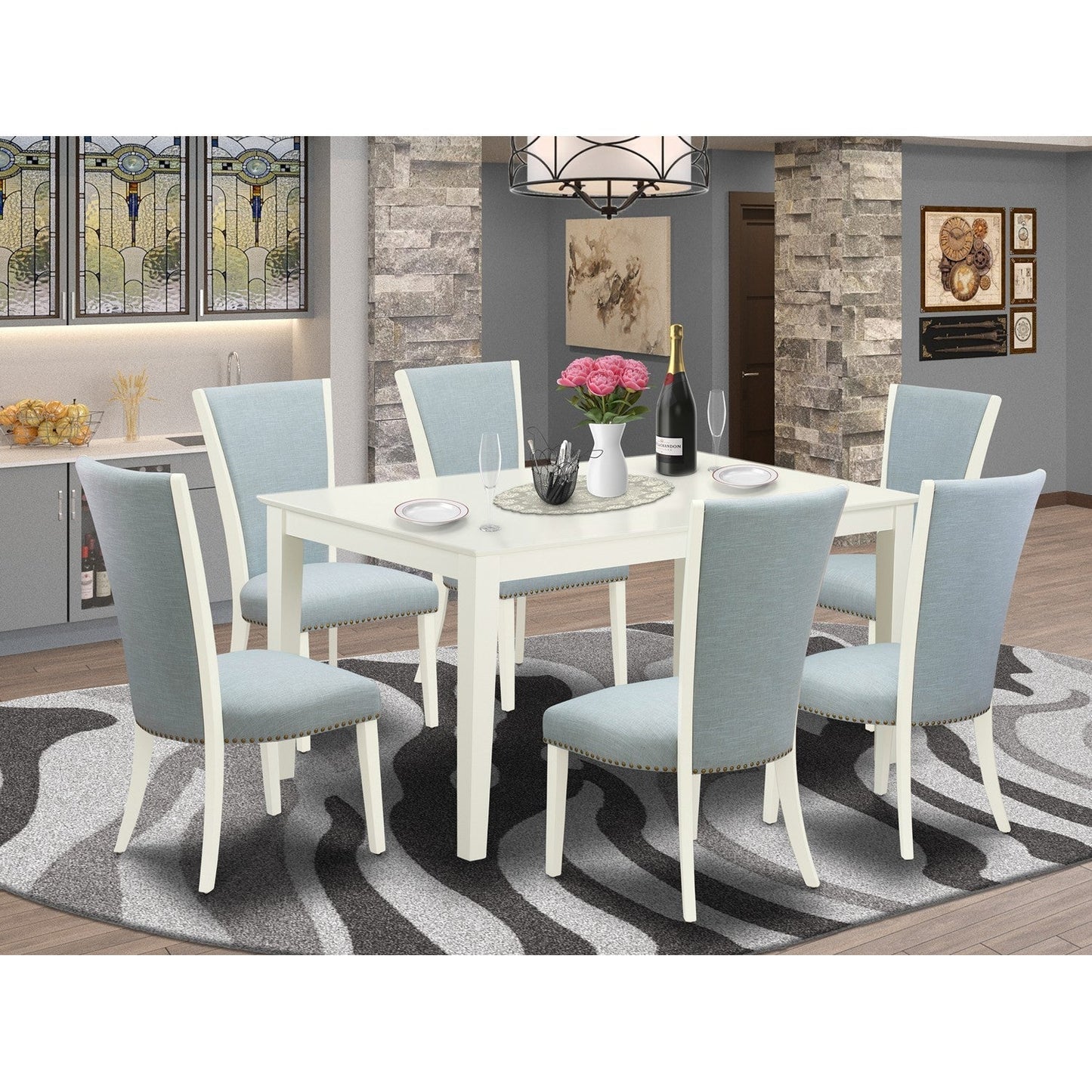 EAST WEST FURNITURE - CAVE7-LWH-15 - 7 Piece Dining Room Set - 6 Baby Blue Linen Fabric Dining Padded Chairs with High Back and 1 Kitchen Dining Table - linen white Finish