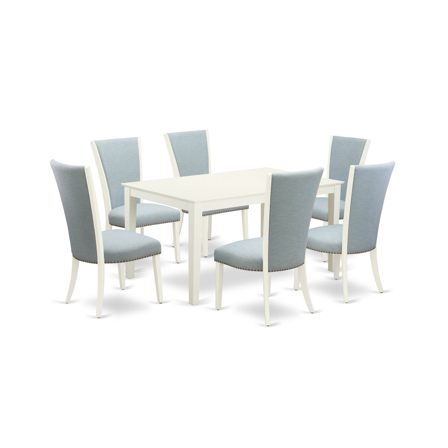 EAST WEST FURNITURE - CAVE7-LWH-15 - 7 Piece Dining Room Set - 6 Baby Blue Linen Fabric Dining Padded Chairs with High Back and 1 Kitchen Dining Table - linen white Finish