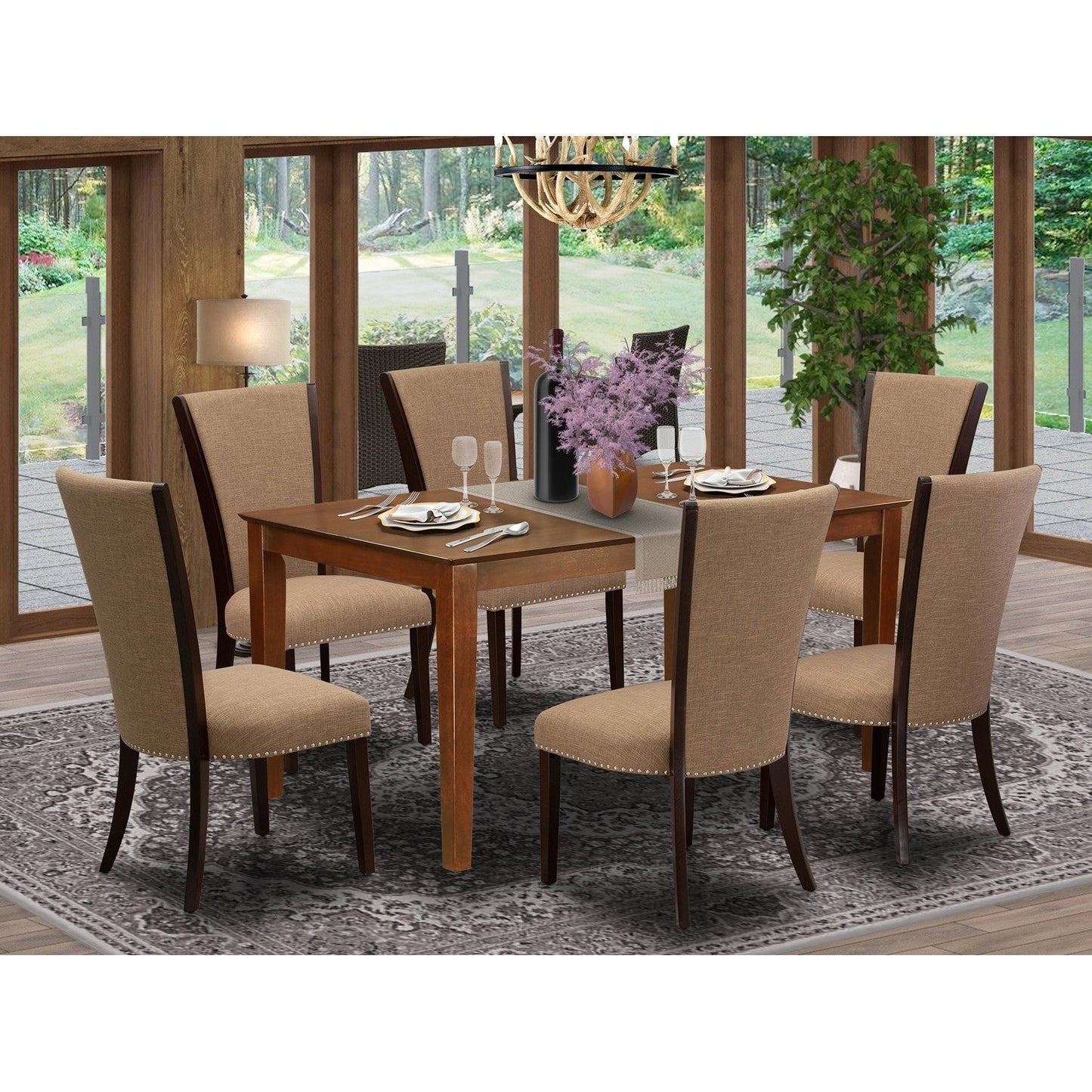 EAST WEST FURNITURE - CAVE7-MAH-47 - 7 Pc Modern Dining Table Set - 6 Light Sable Linen Fabric Kitchen Chairs with High Back and 1 Dining Table - Mahogany Finish