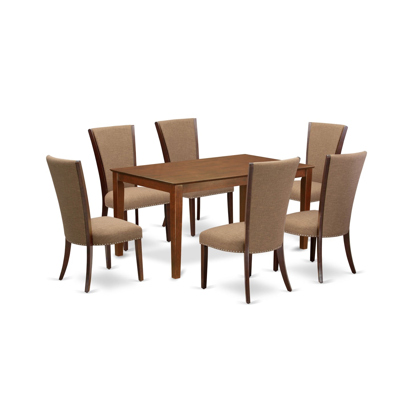 EAST WEST FURNITURE - CAVE7-MAH-47 - 7 Pc Modern Dining Table Set - 6 Light Sable Linen Fabric Kitchen Chairs with High Back and 1 Dining Table - Mahogany Finish
