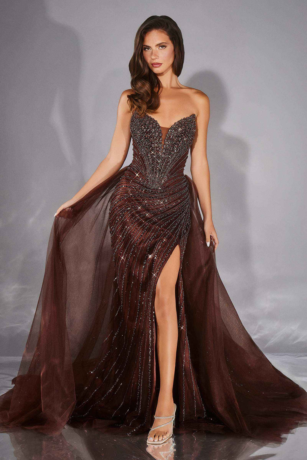 CLEARANCE - Ladivine CC492 Beaded Detachable Tulle Overskirt Fitted Mocha Gold Gown (Size 12)